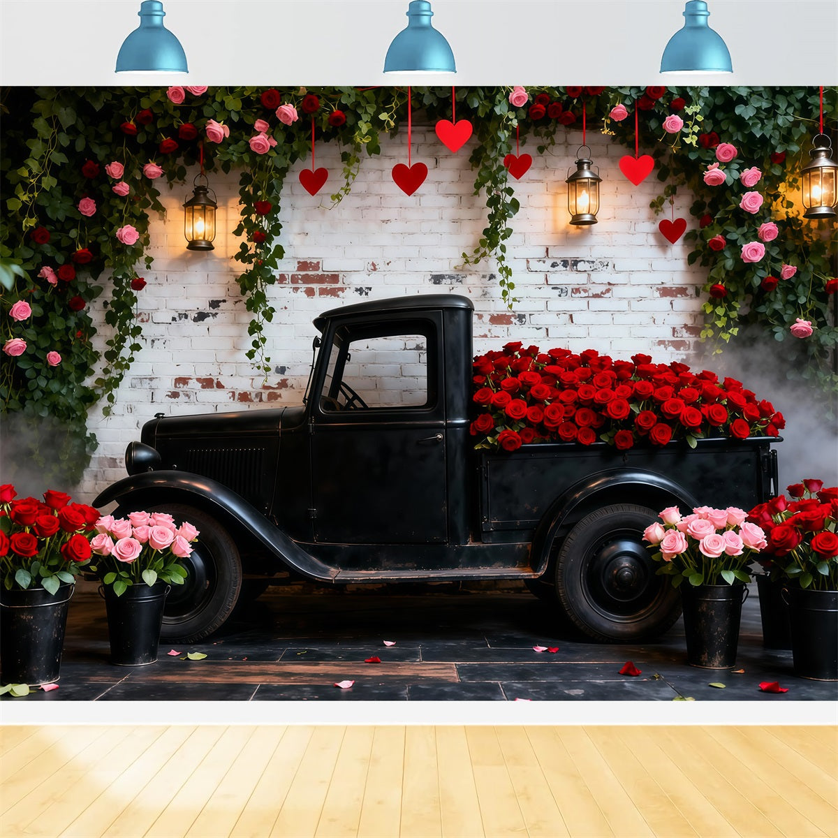 Valentinstag-Kulissen Vintage-Lkw mit roten Rosen Romantische Kulisse LXX512-178