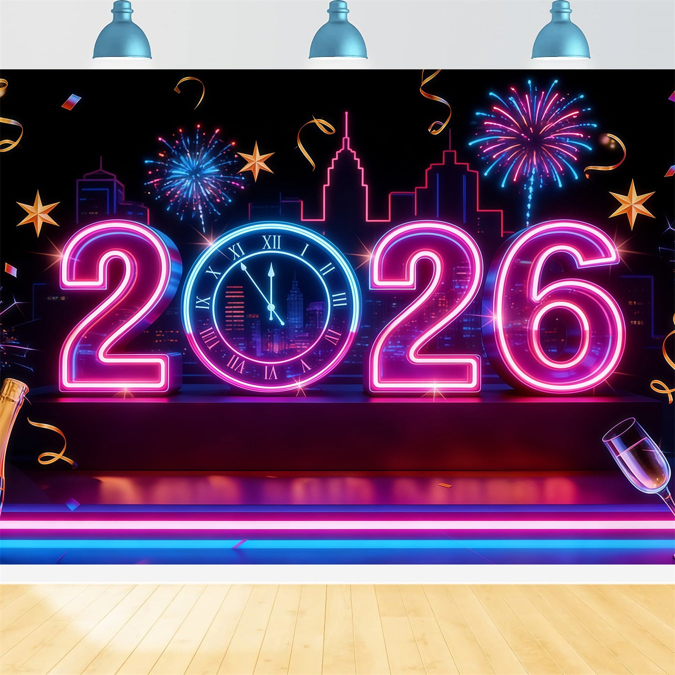 Neujahrshintergrund 2026 Neonlichter Countdown Stadt Silvester Hintergrund LXX512-21
