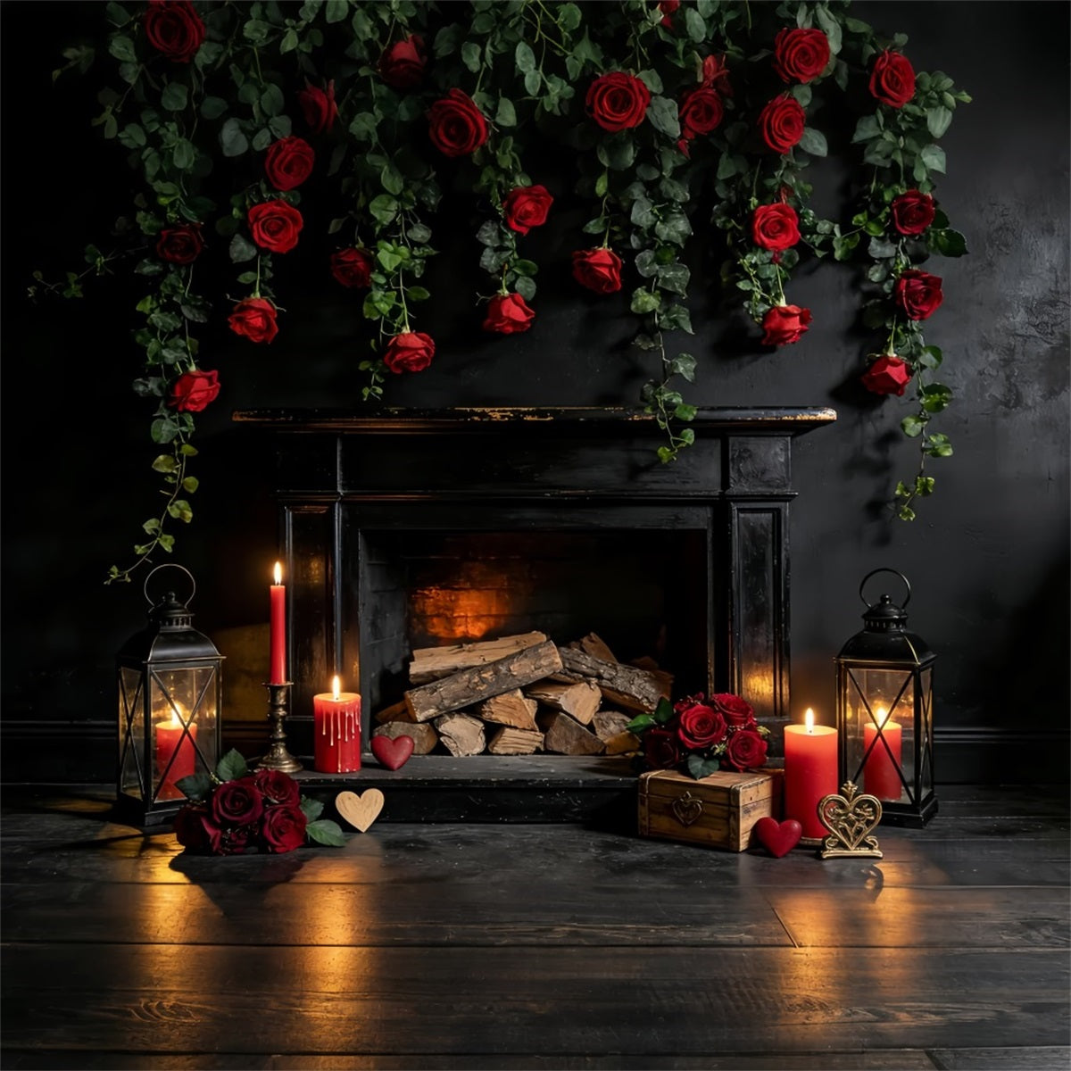 Valentinstag-Hintergrund Rote Rosen Kerzenzimmer Kamin Valentinstag-Hintergrund LXX512-48
