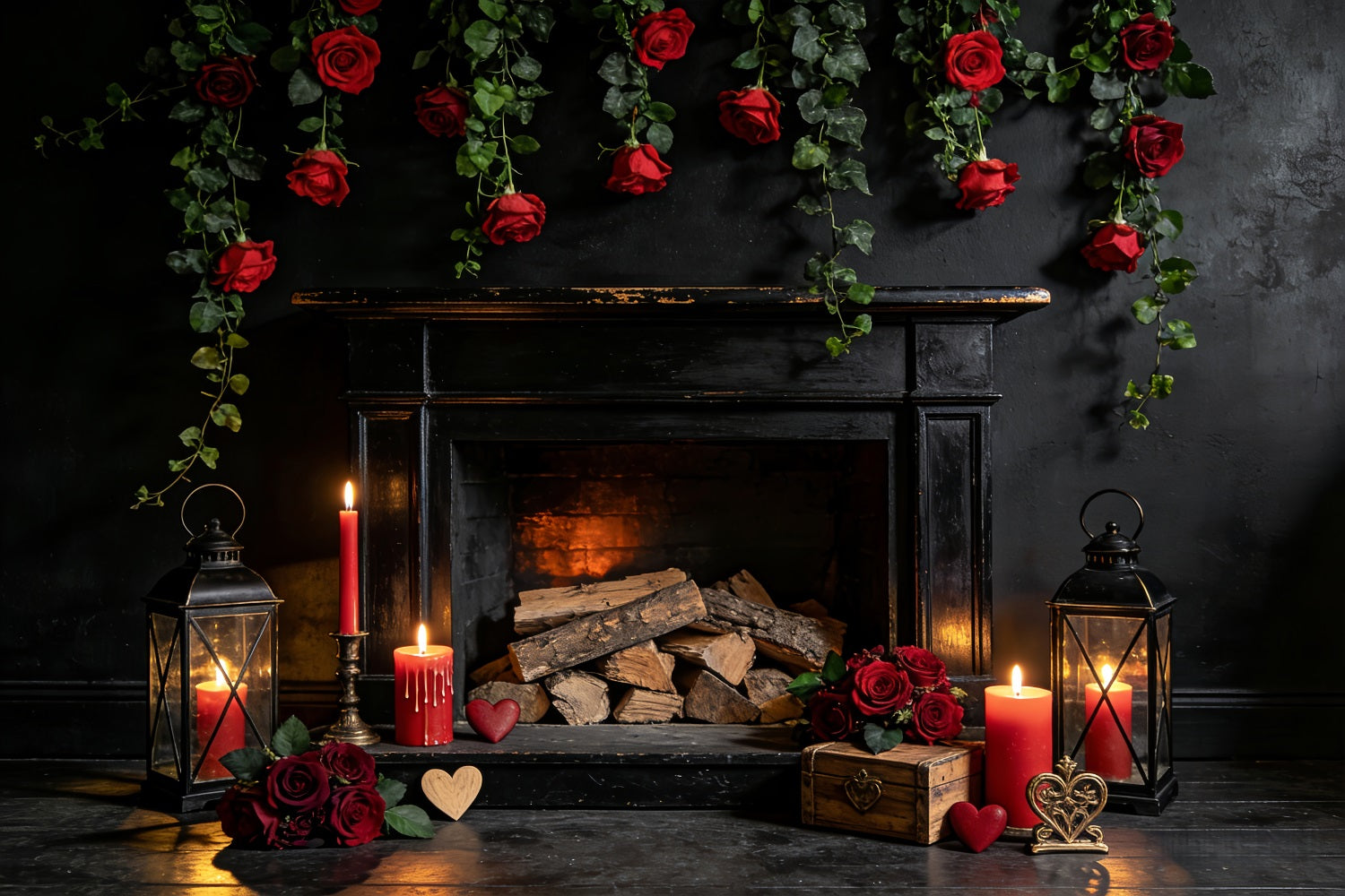Valentinstag-Hintergrund Rote Rosen Kerzenzimmer Kamin Valentinstag-Hintergrund LXX512-48