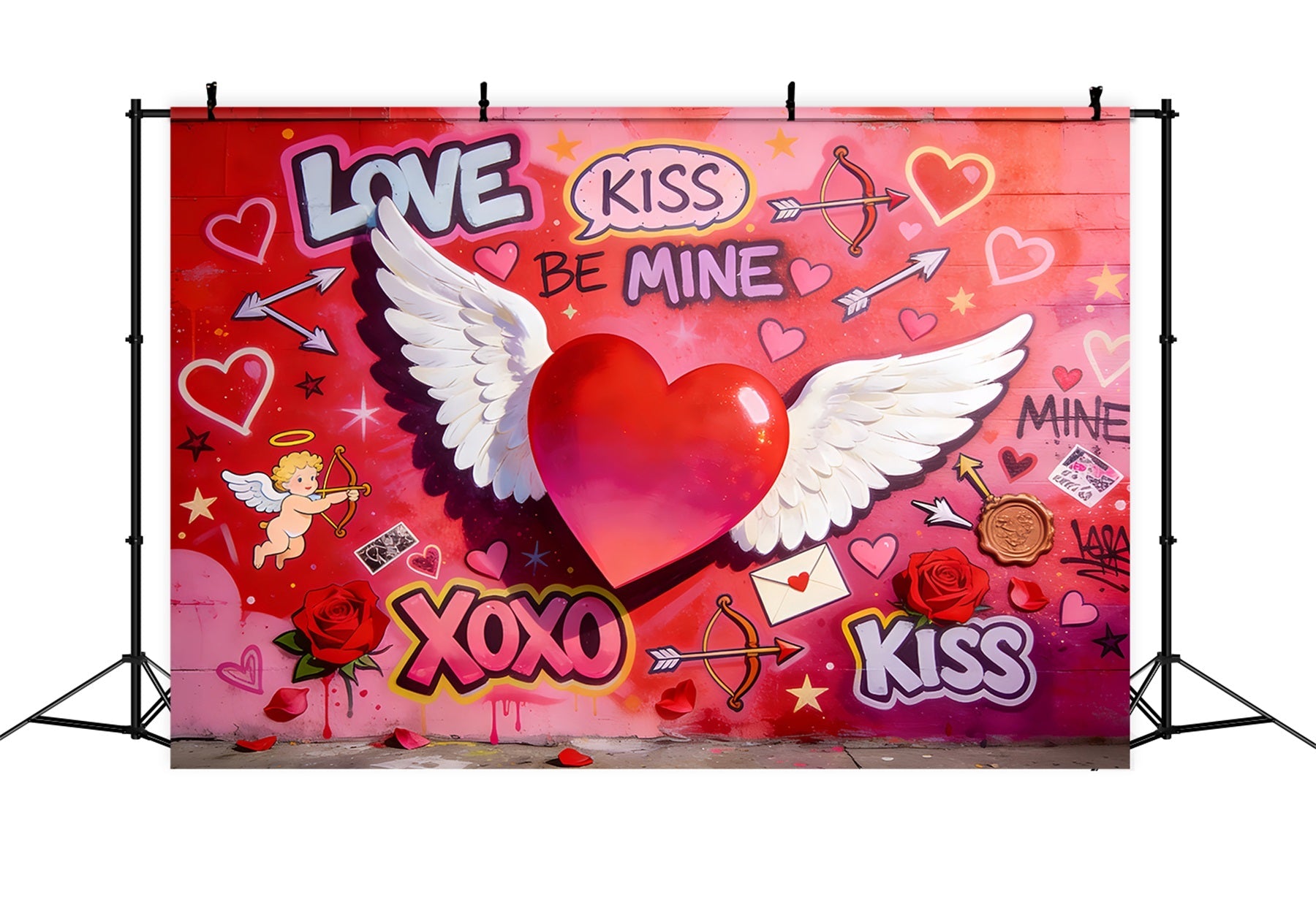 Cupido-Hintergrund Liebe XOXO Geflügeltes Herz Graffiti-Wand Valentinstag-Hintergrund LXX512-50