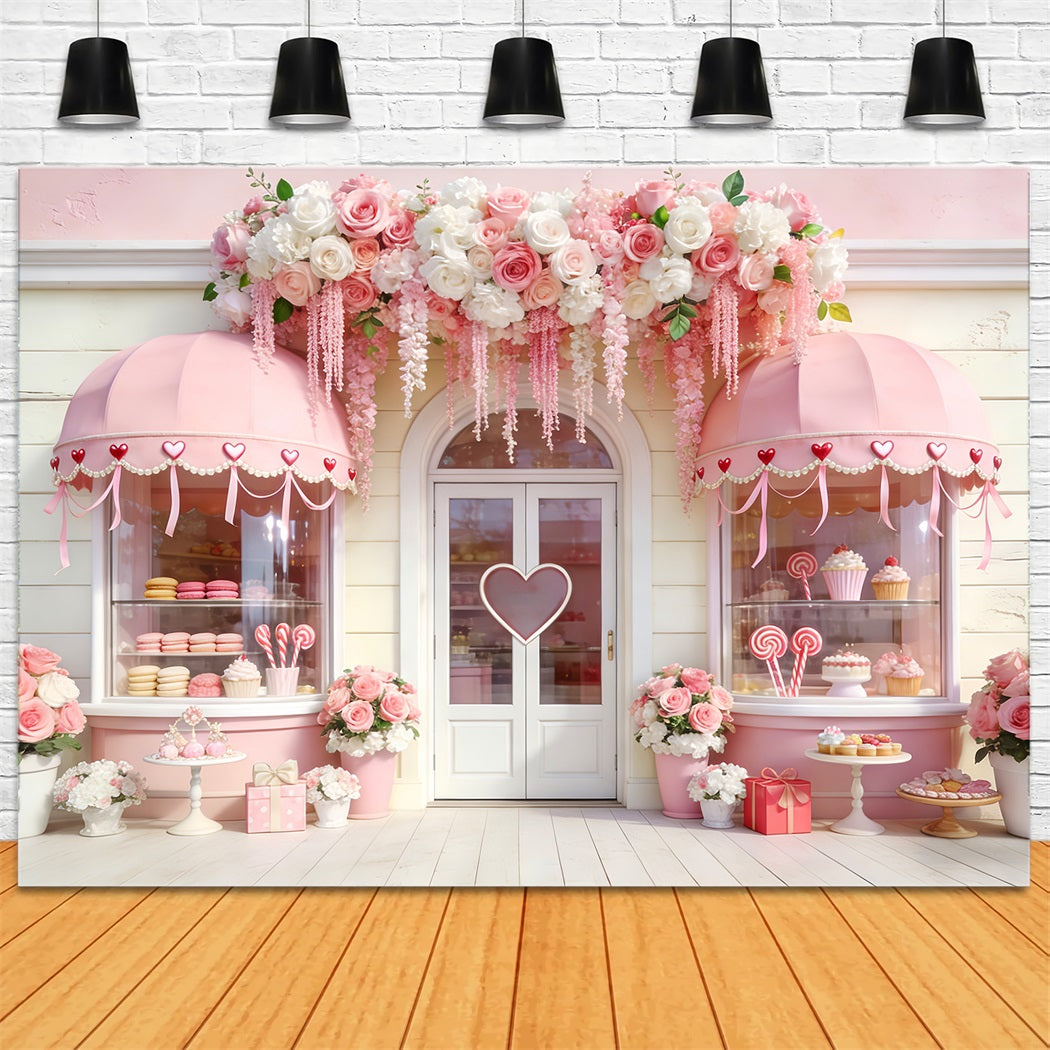 Süßwarenladen Valentinstag-Hintergrund Blumenbögen Herz Rosa Valentinstag-Hintergrund LXX512-52