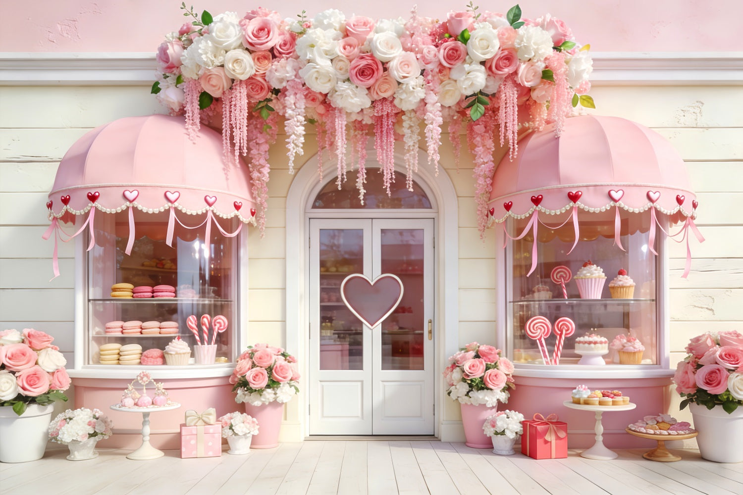 Süßwarenladen Valentinstag-Hintergrund Blumenbögen Herz Rosa Valentinstag-Hintergrund LXX512-52