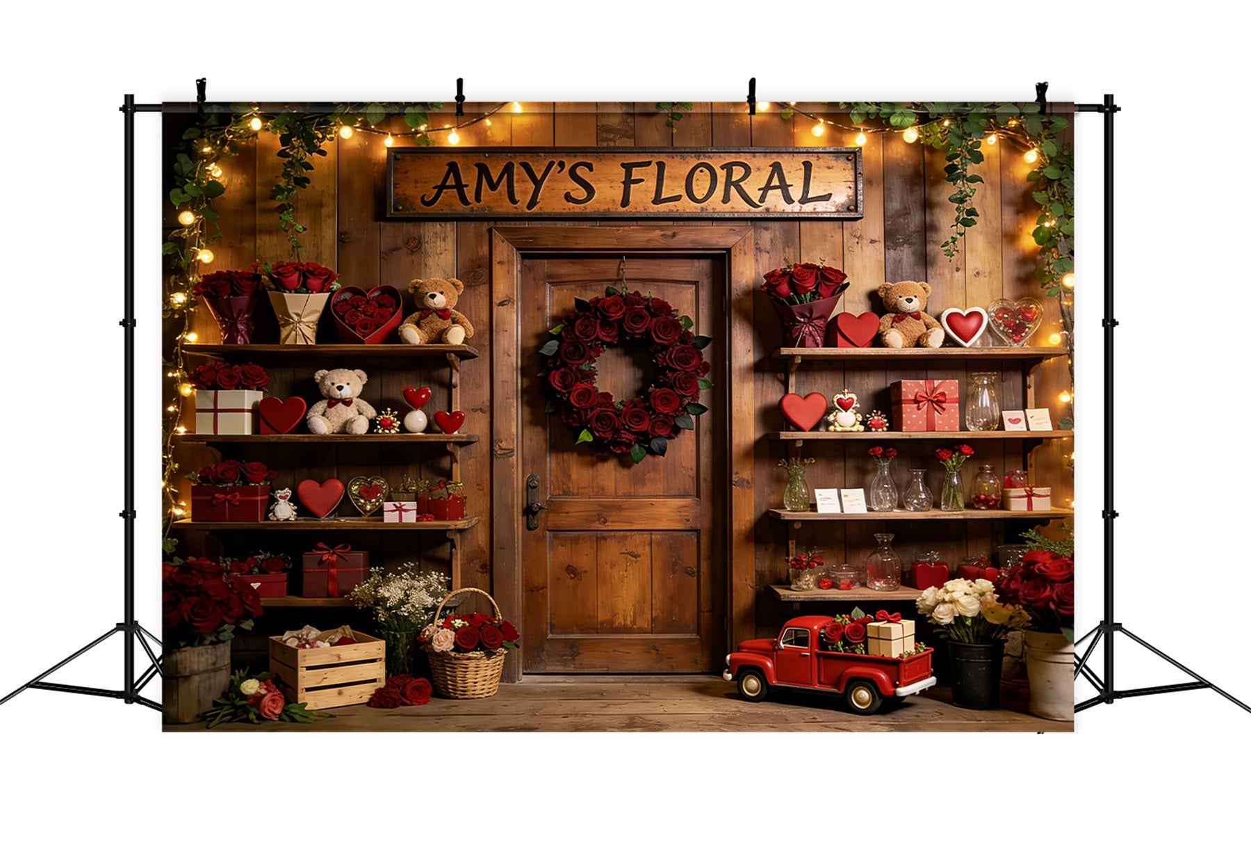 Teddybären Valentinstag-Hintergrund Rustikaler Blumenladen Romantischer Hintergrund LXX512-57