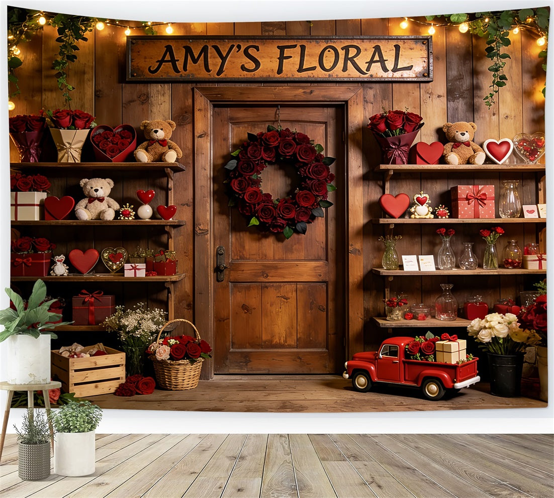 Teddybären Valentinstag-Hintergrund Rustikaler Blumenladen Romantischer Hintergrund LXX512-57