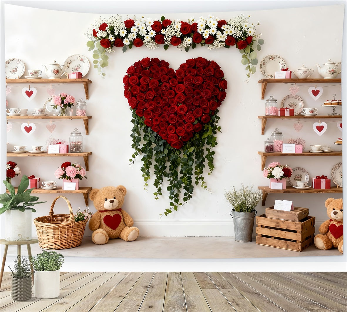Valentinstag-Hintergrund Teddybären Teeschrank Rote Rosen Herz-Hintergrund LXX512-58