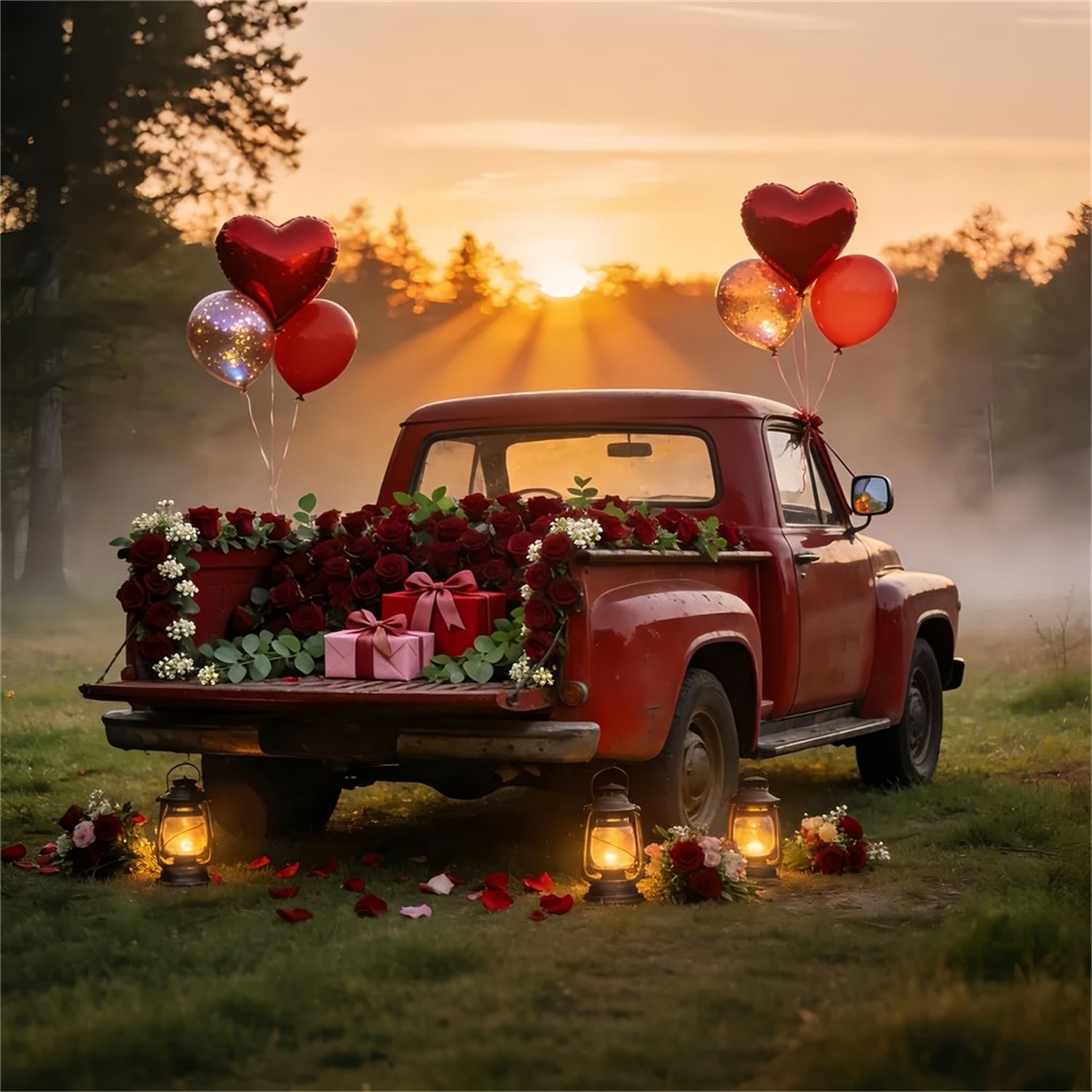 Valentinstag-Fotohintergrund Vintage-roter Truck Romantik-Herzballon-Hintergrund LXX512-61