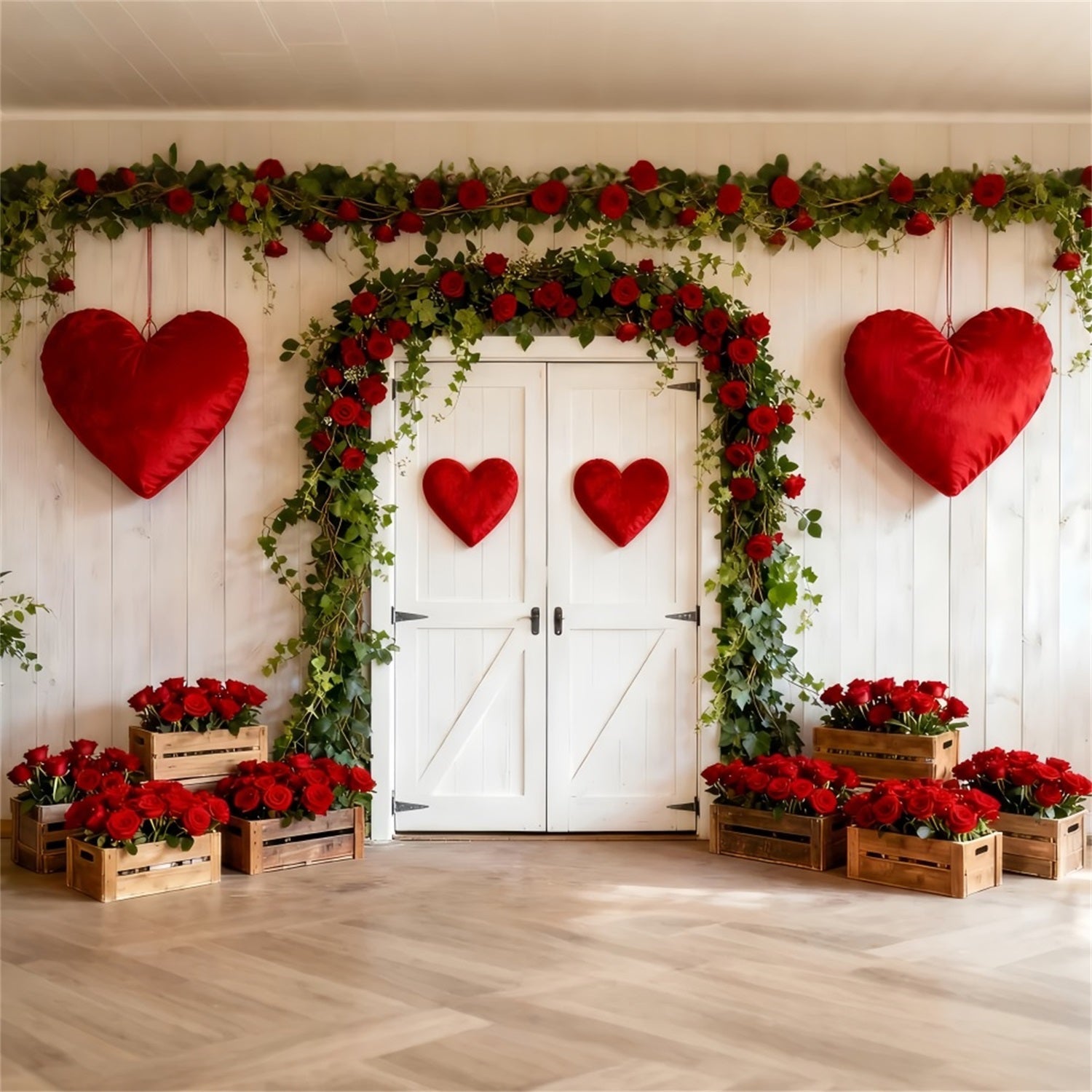 Rustikaler Bauernhof Valentinstag-Hintergrund Rosenblumenbogen Herz-Hintergrund LXX512-63