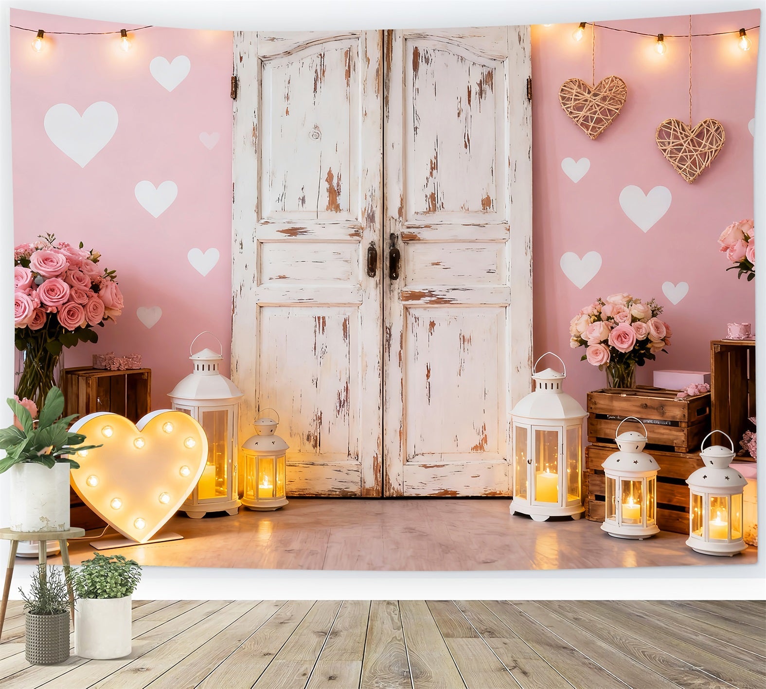 Rosa Valentinstag-Hintergrund Rustikale Tür Rosen Laternen Herz-Hintergrund LXX512-64