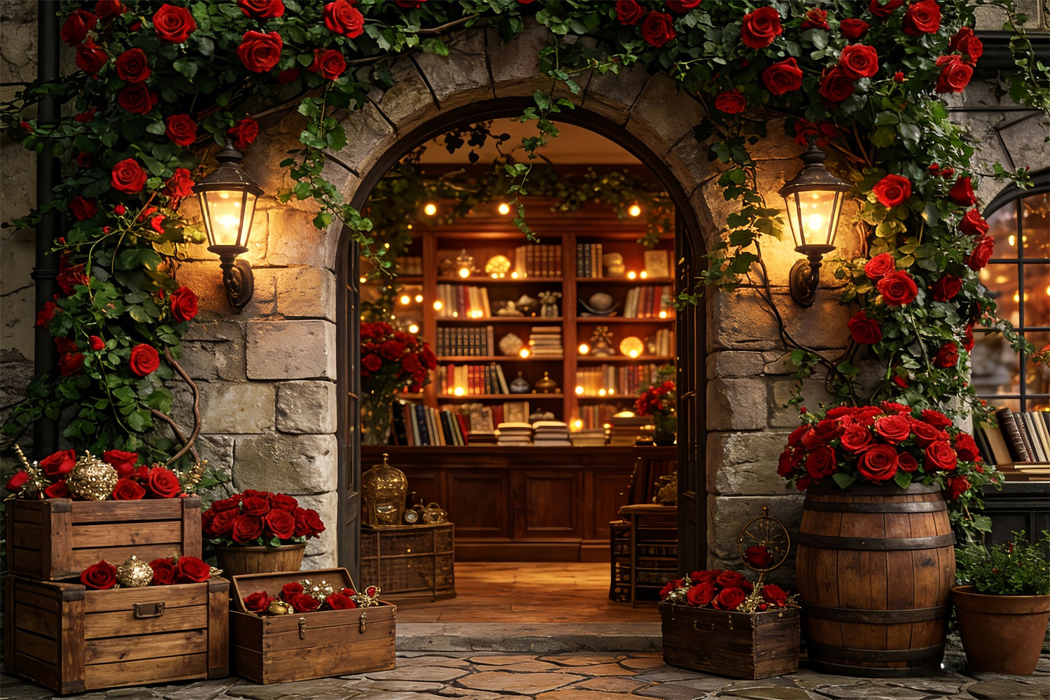 Blumenbogen Valentinstag-Hintergrund Vintage Rose Bibliothek Eingang Liebe Hintergründe LXX512-66