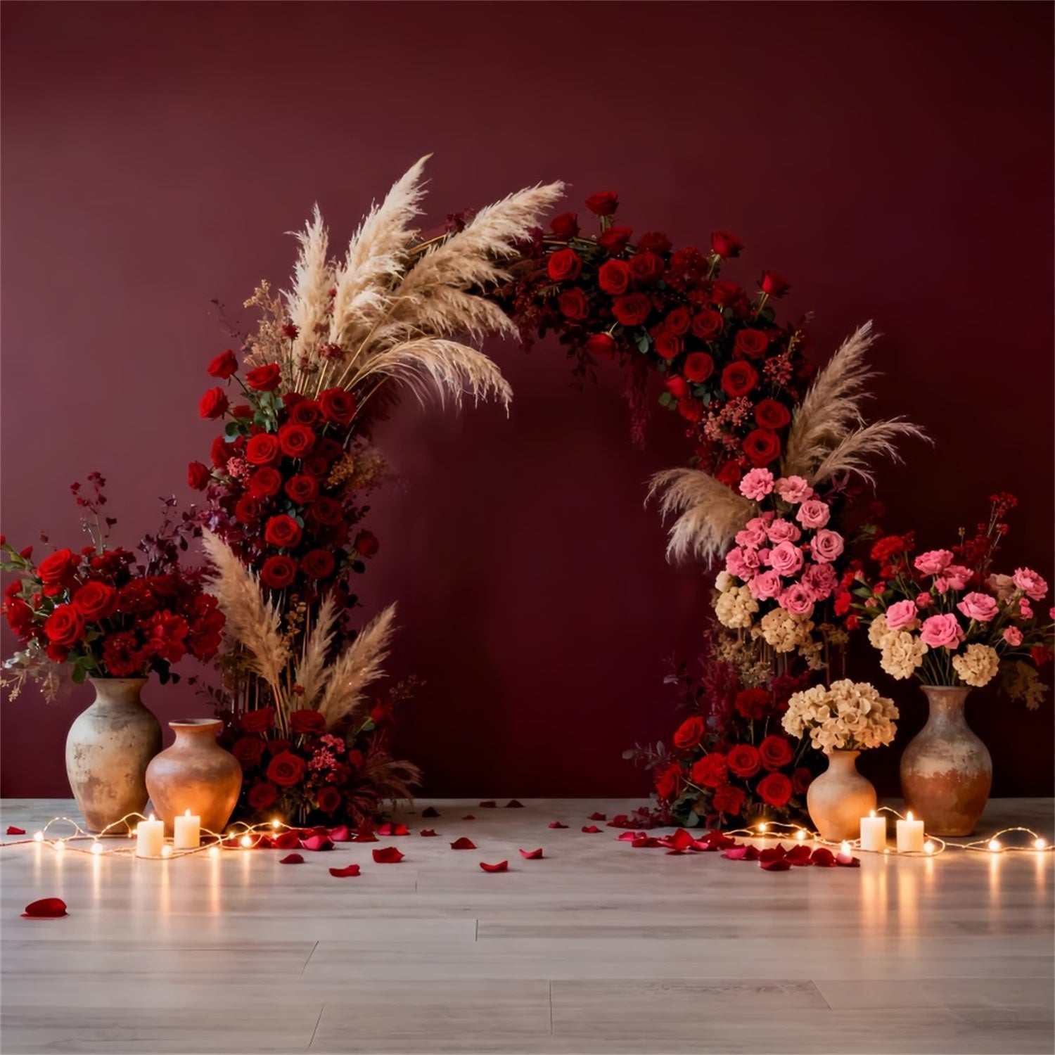 Boho-Blumen-Valentinstag-Hintergrund Romantischer Raum bei Kerzenschein Roter Rosen-Hintergrund LXX512-69