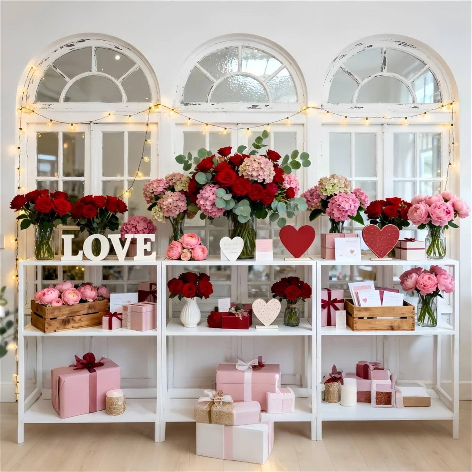 Valentinstag-Hintergrund Vintage-Fenster Blumenarrangement Liebeshintergründe LXX512-73