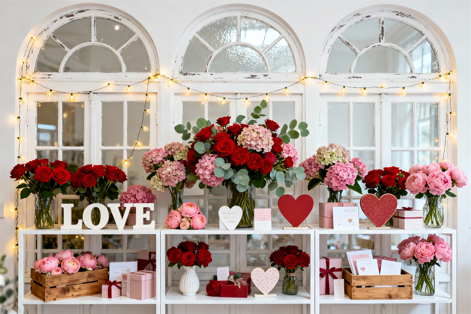 Valentinstag-Hintergrund Vintage-Fenster Blumenarrangement Liebeshintergründe LXX512-73