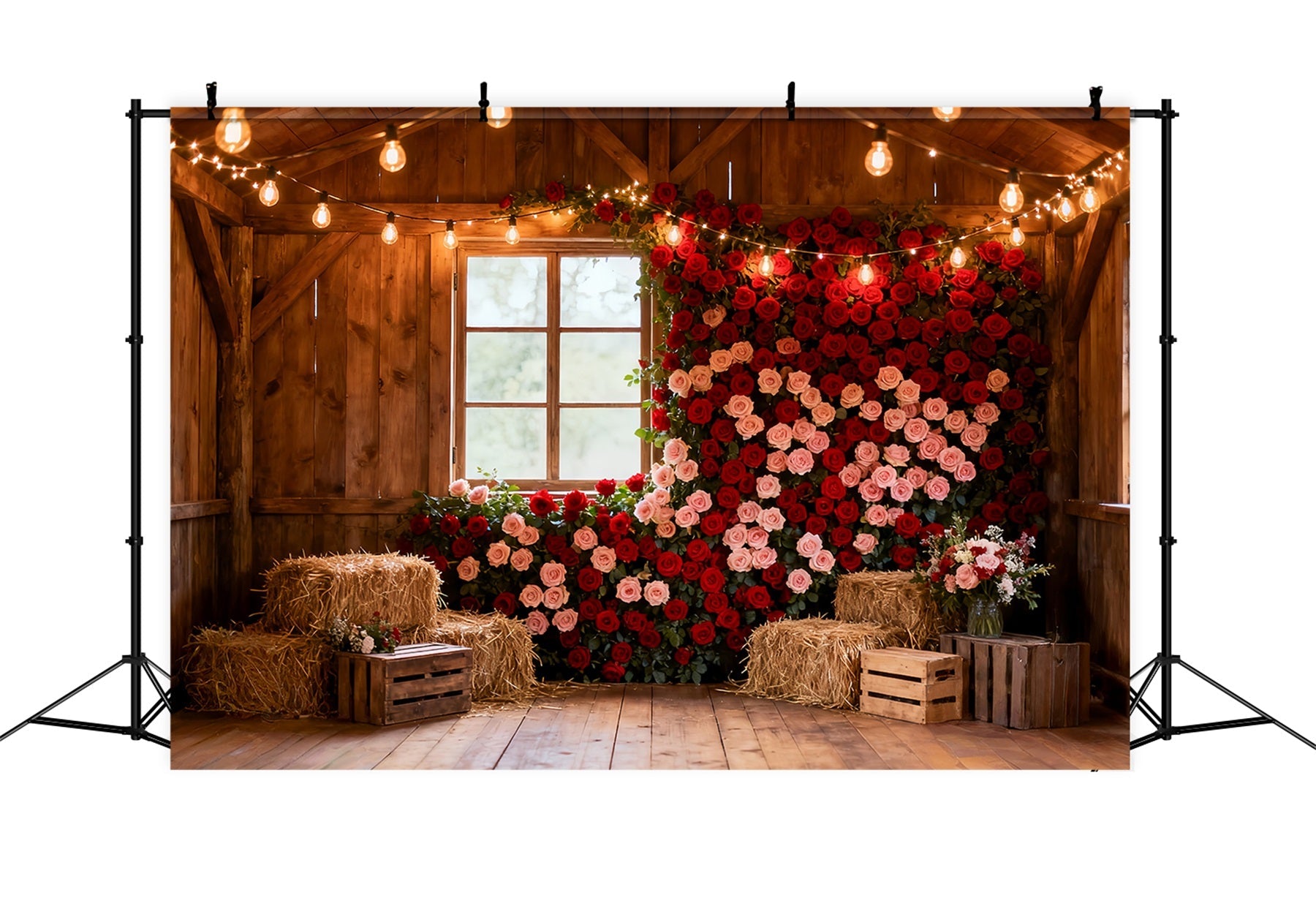 Roter Rosen-Wandhintergrund Rustikaler Bauernhof-Scheune Valentinstag-Hintergrund LXX512-75