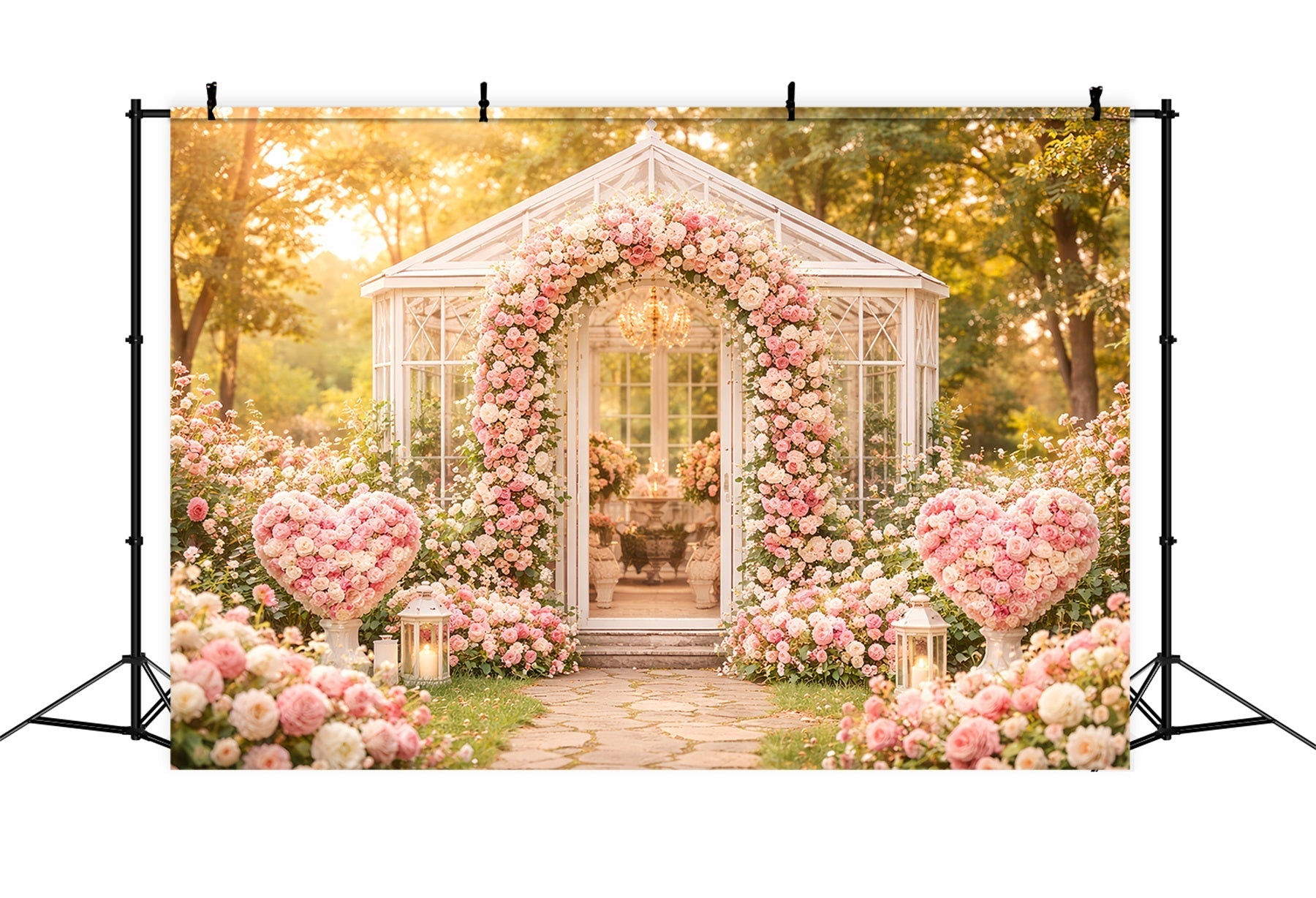 Blumenbogen Valentinstag-Hintergrund Gartenpavillon Rosa Rosen Liebeshintergründe LXX512-77