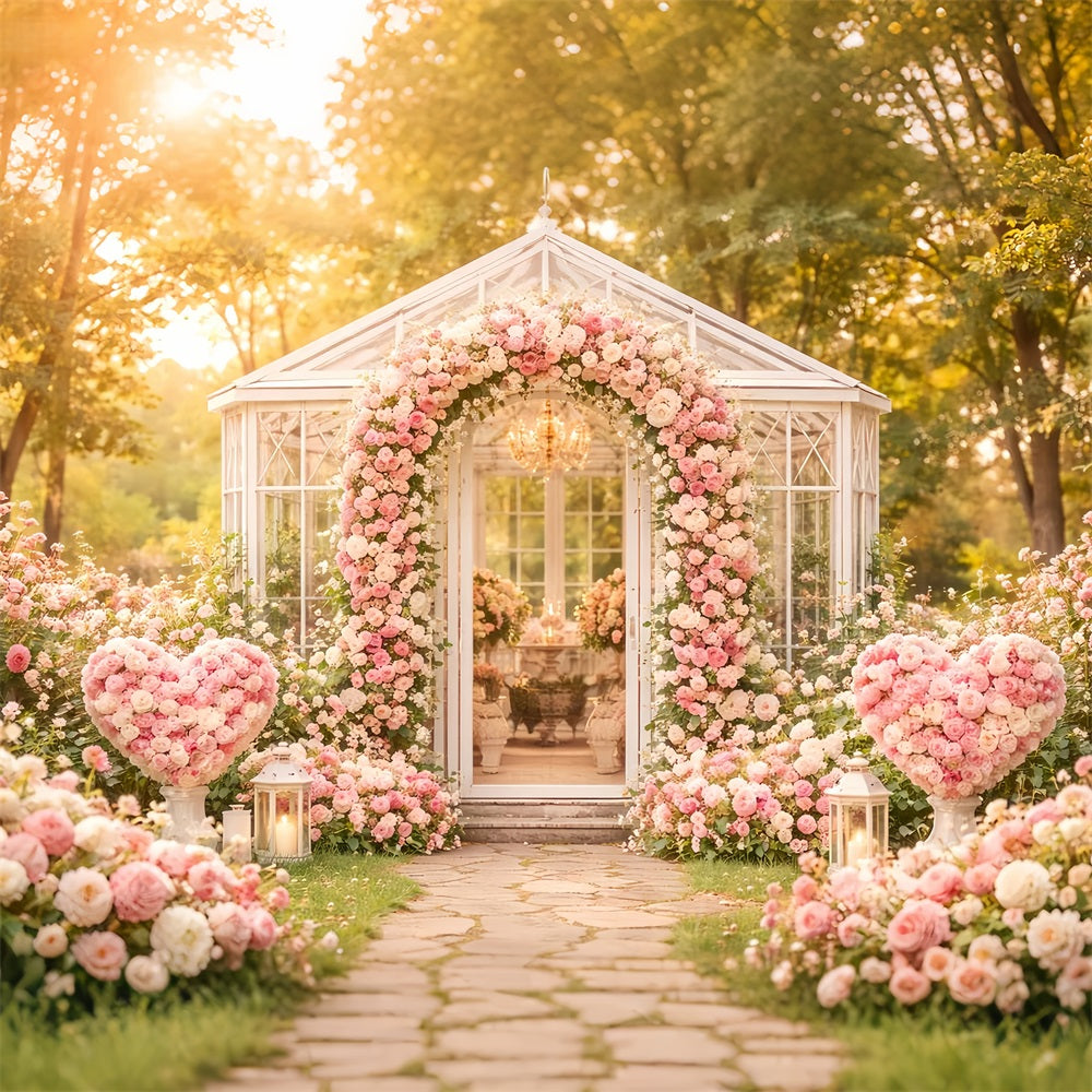 Blumenbogen Valentinstag-Hintergrund Gartenpavillon Rosa Rosen Liebeshintergründe LXX512-77
