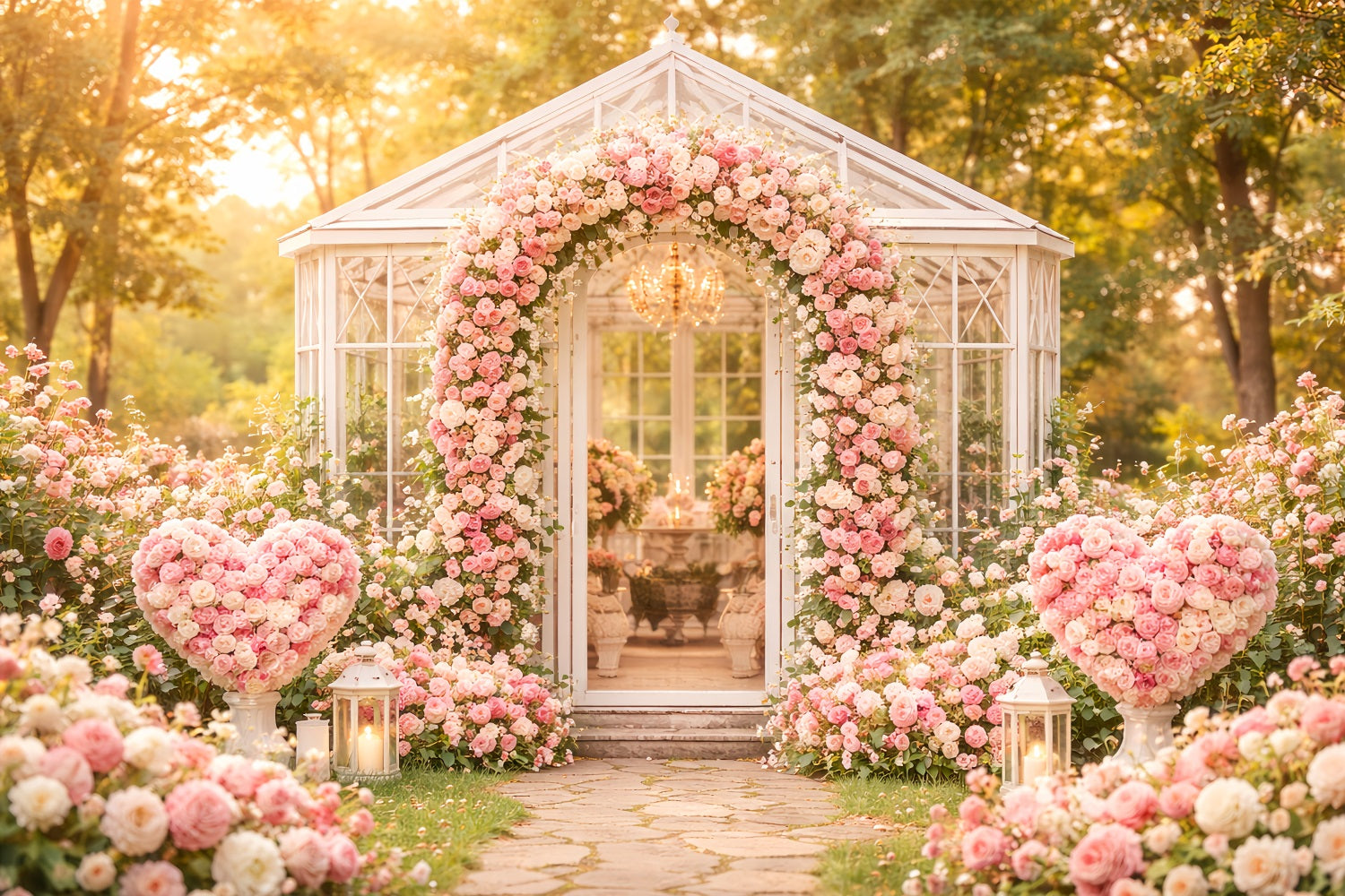 Blumenbogen Valentinstag-Hintergrund Gartenpavillon Rosa Rosen Liebeshintergründe LXX512-77