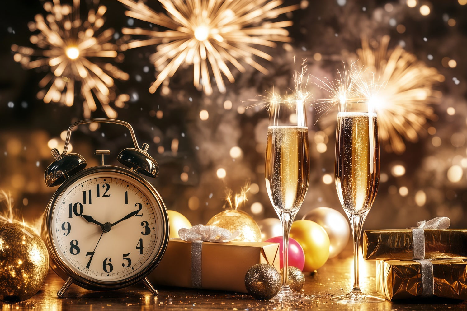Neujahrs-Hintergründe Champagner Countdown-Uhr Feuerwerk Goldglitzer-Hintergrund LXX512-7