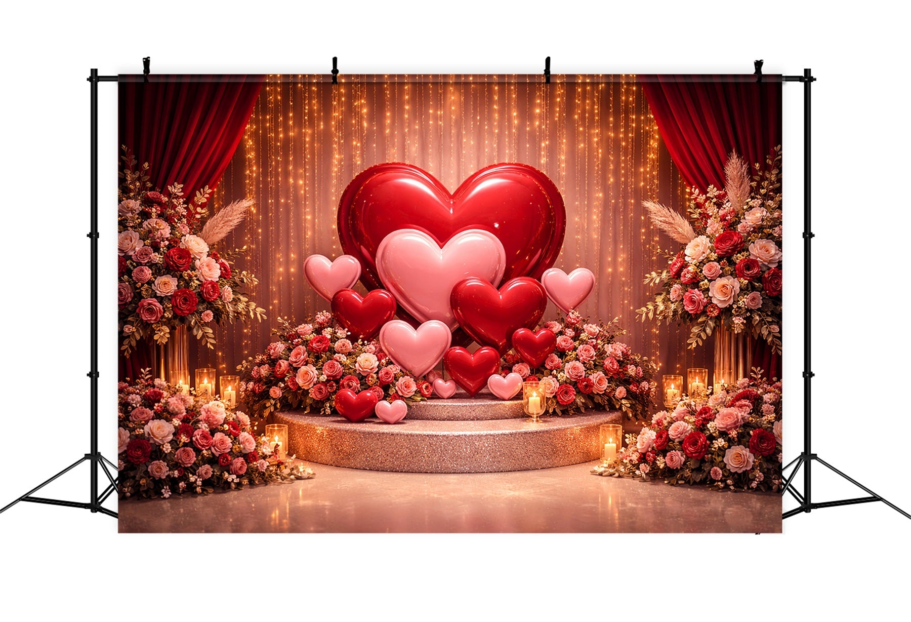 Herzen Hintergrund Goldener Vorhang Ballon Bühne Boho Blumen Valentinstag Hintergrund LXX512-82