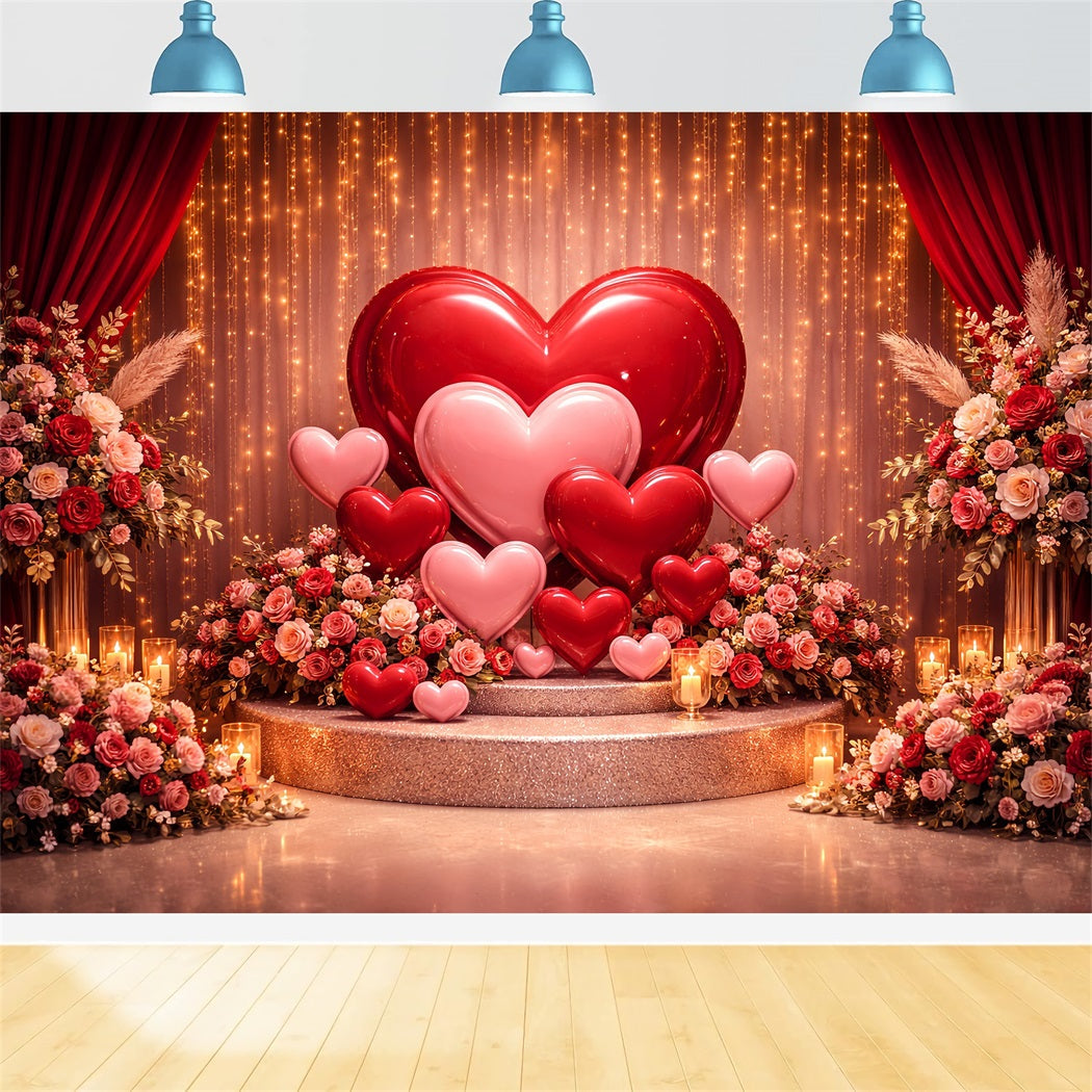 Herzen Hintergrund Goldener Vorhang Ballon Bühne Boho Blumen Valentinstag Hintergrund LXX512-82