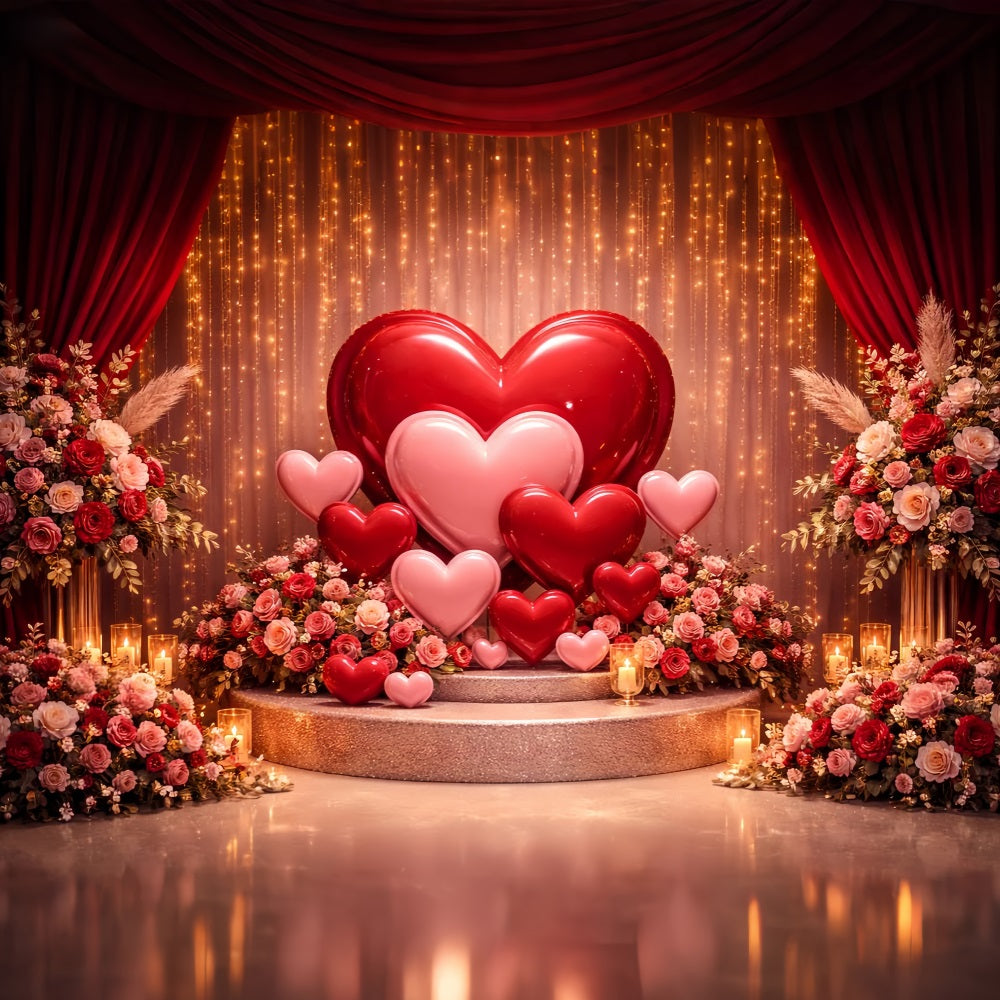 Herzen Hintergrund Goldener Vorhang Ballon Bühne Boho Blumen Valentinstag Hintergrund LXX512-82