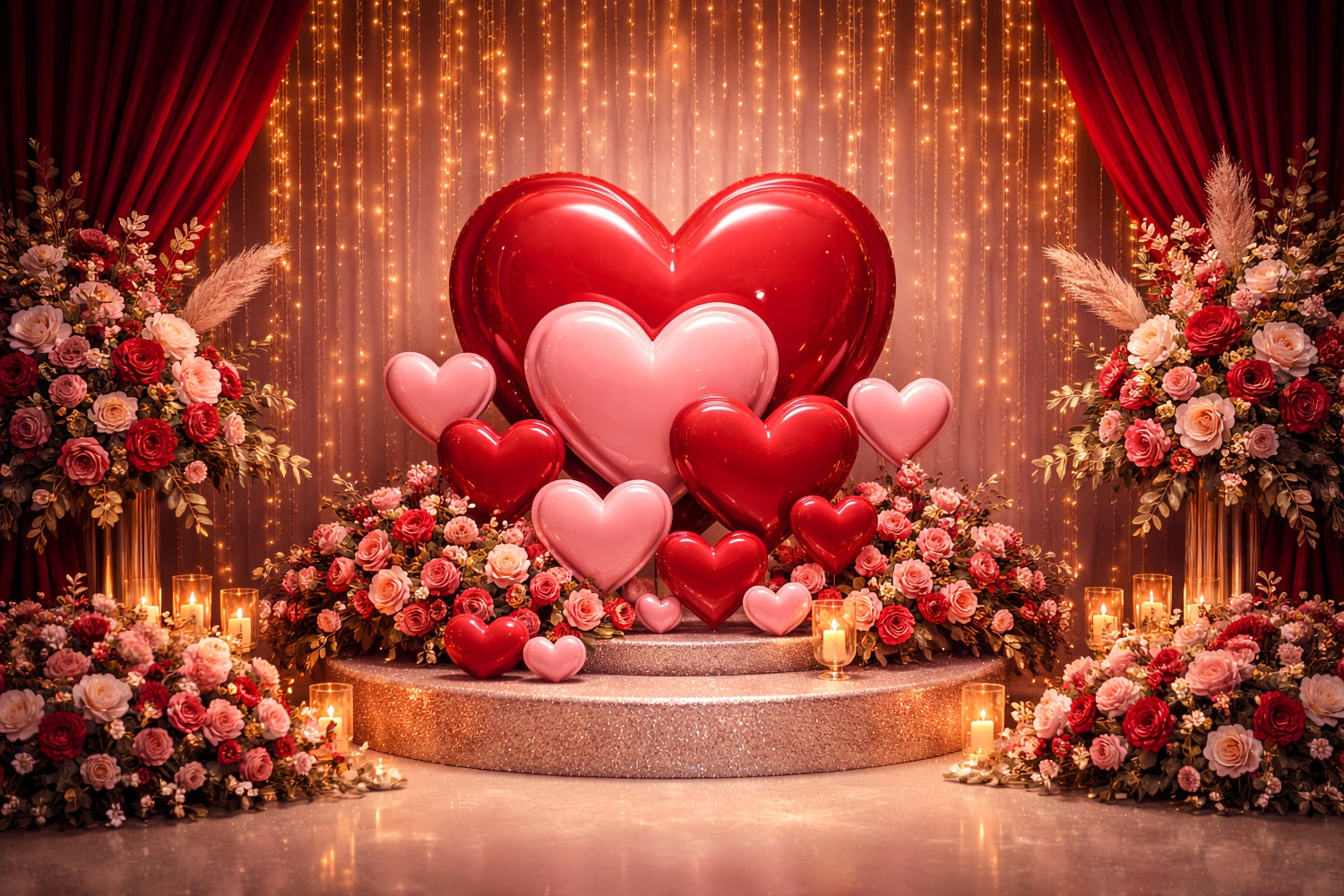 Herzen Hintergrund Goldener Vorhang Ballon Bühne Boho Blumen Valentinstag Hintergrund LXX512-82