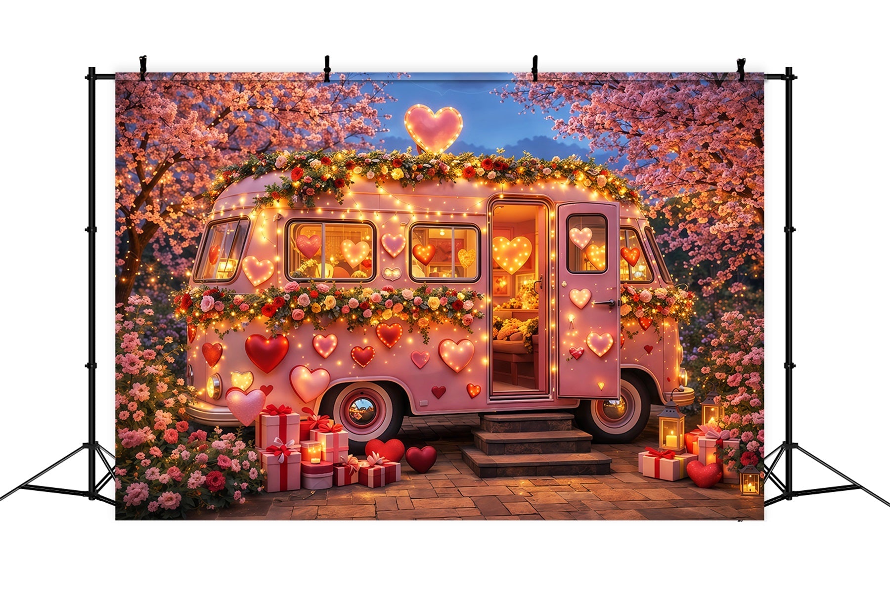Rosa Herz-Hintergrund Camper Blüte Neonlichter Romantische Hintergründe LXX512-83