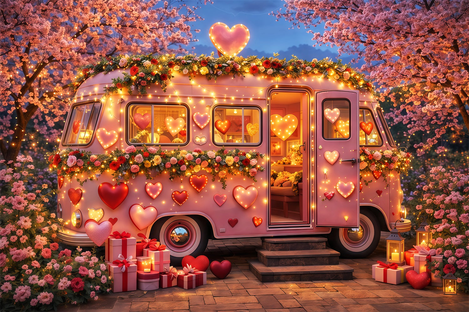 Rosa Herz-Hintergrund Camper Blüte Neonlichter Romantische Hintergründe LXX512-83