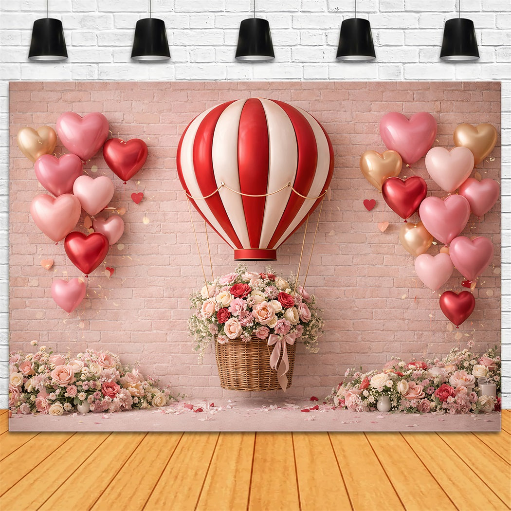 Herzballon-Hintergrund Backsteinmauer Romantische Rosen Rosa Valentinstag-Hintergrund LXX512-91