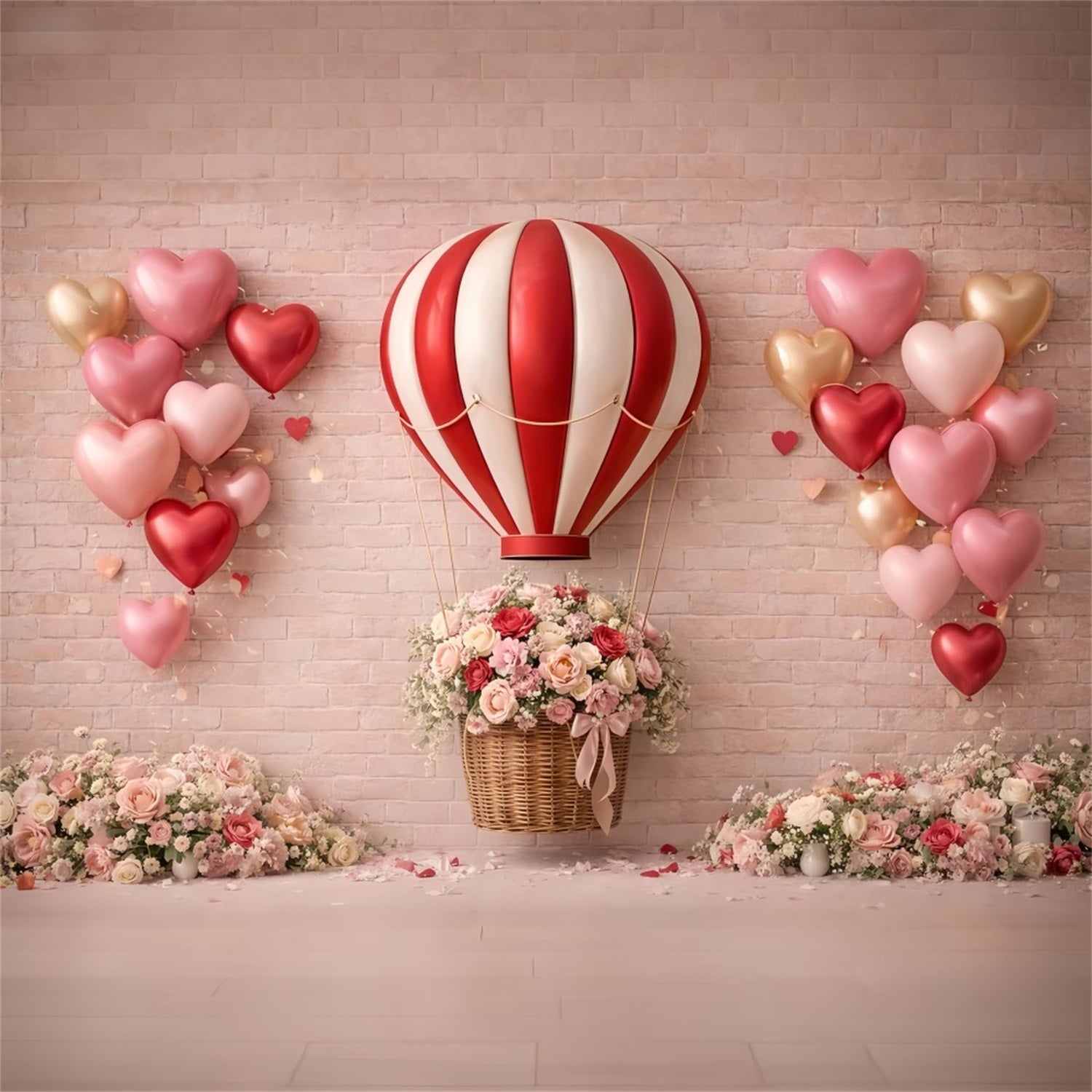 Herzballon-Hintergrund Backsteinmauer Romantische Rosen Rosa Valentinstag-Hintergrund LXX512-91