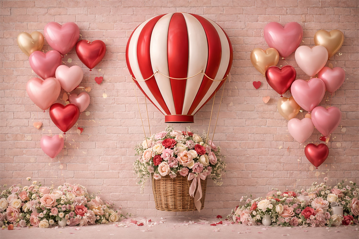 Herzballon-Hintergrund Backsteinmauer Romantische Rosen Rosa Valentinstag-Hintergrund LXX512-91