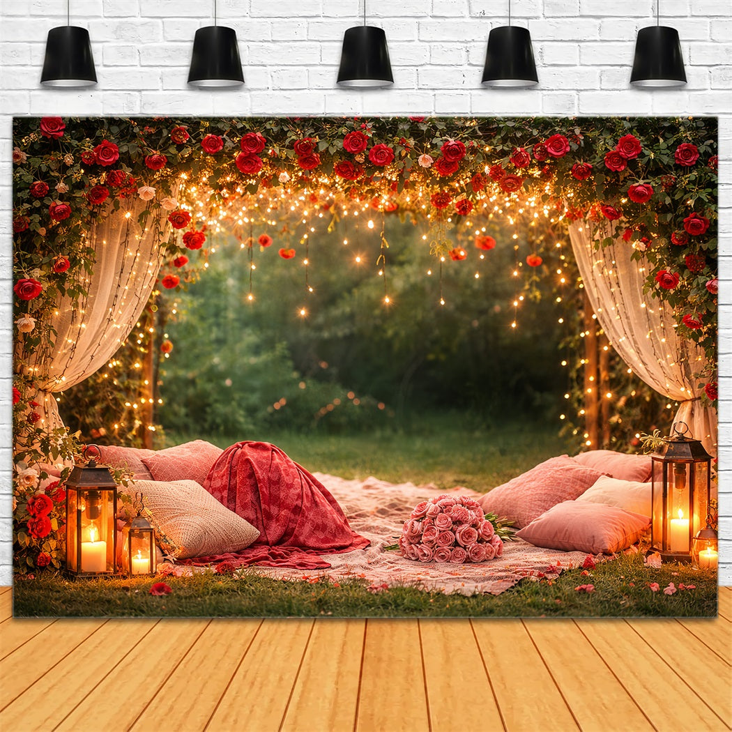 Hintergrund mit roten Rosen, funkelndem Baldachin, Blumenbogen und Valentinstag LXX512-93