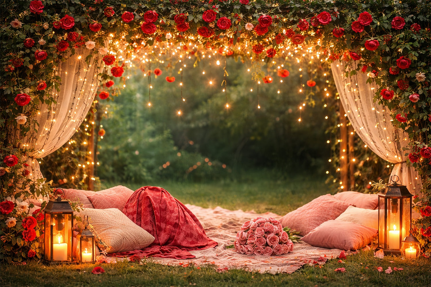 Hintergrund mit roten Rosen, funkelndem Baldachin, Blumenbogen und Valentinstag LXX512-93
