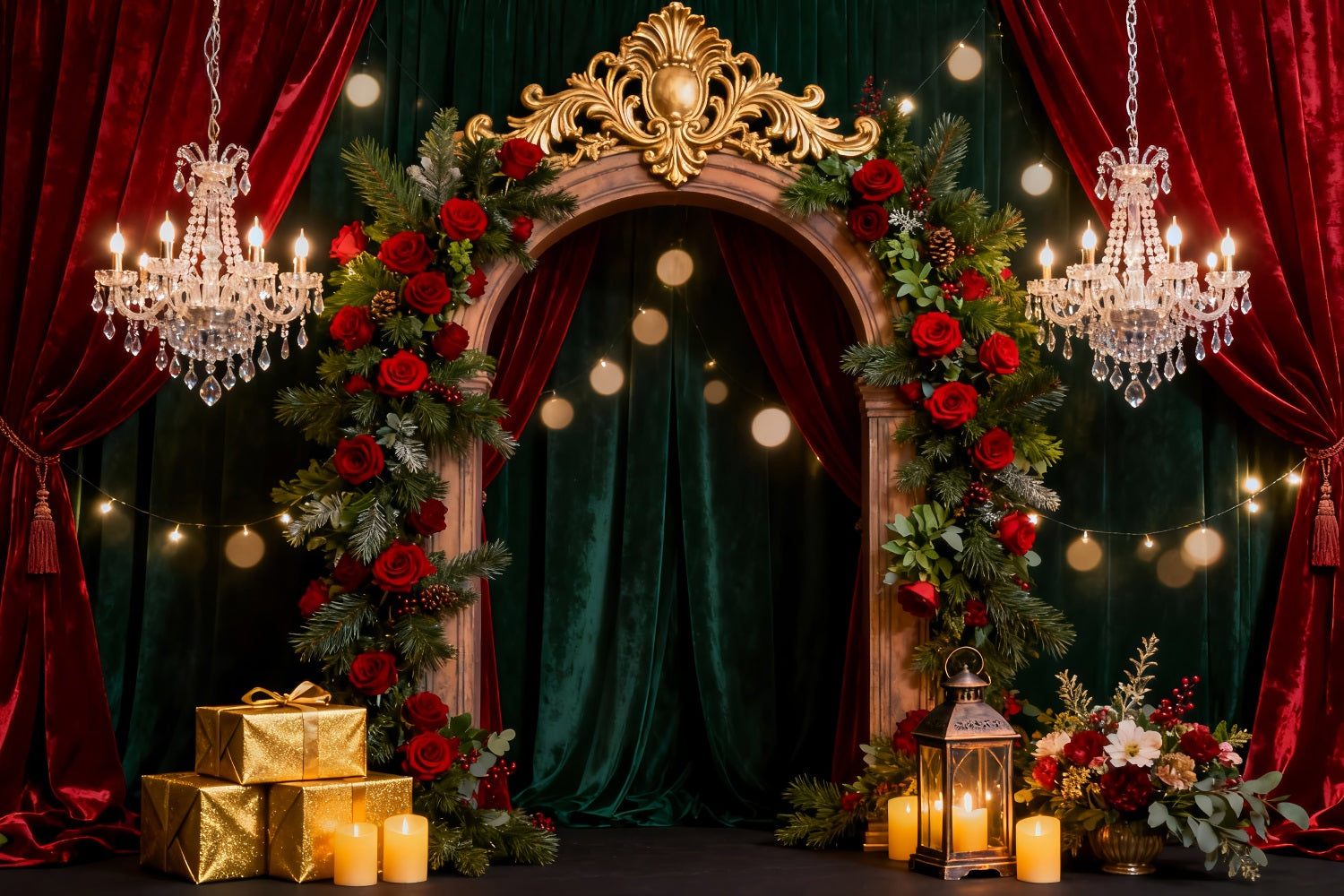 Romantischer Hintergrund, opulenter Rosenbogen, elegante Geschenkbox und Valentinstag LXX512-94