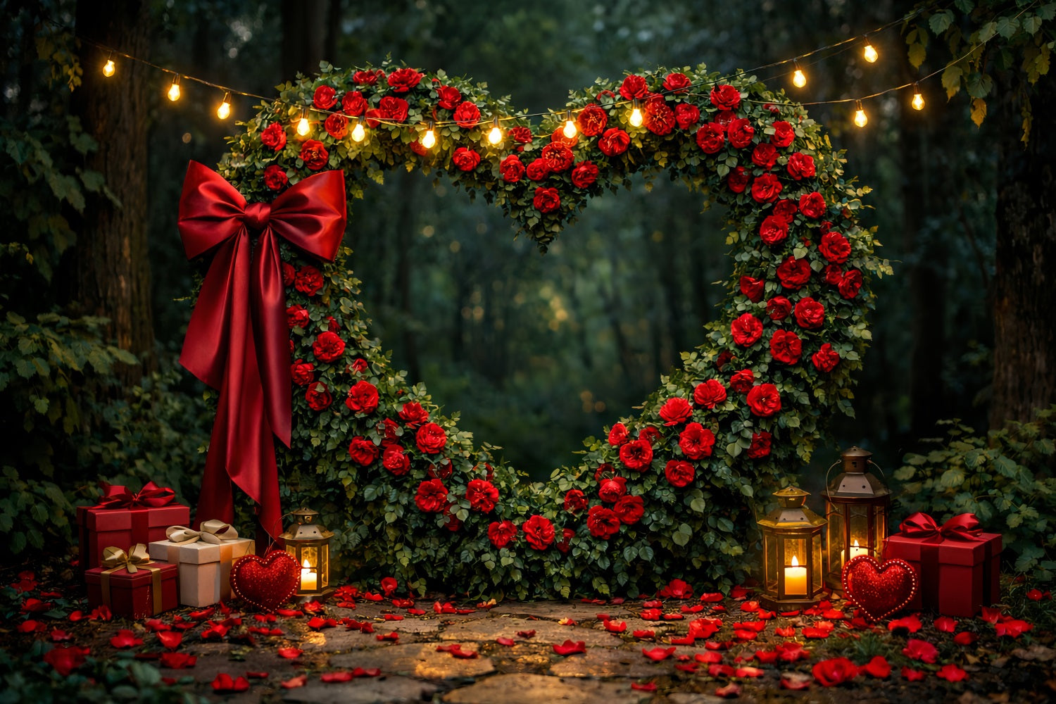 Roter Rosenherz-Hintergrund Waldblumenbogen Geschenkbox Valentinstag-Hintergrund LXX512-96