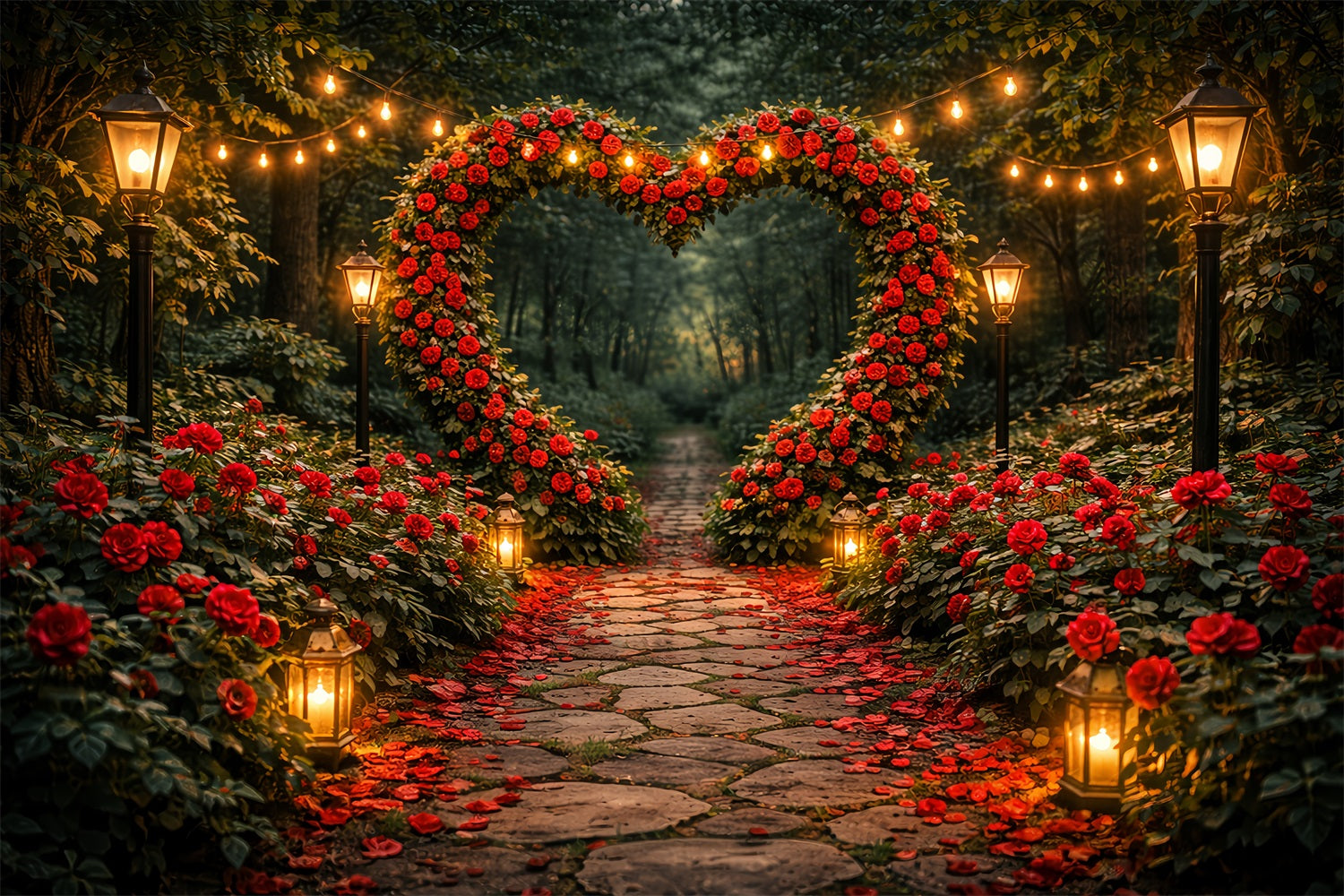 Roter Rosen-Hintergrund Gartenlaternen Herzpfad Blumenbogen Valentinstag-Hintergrund LXX512-97