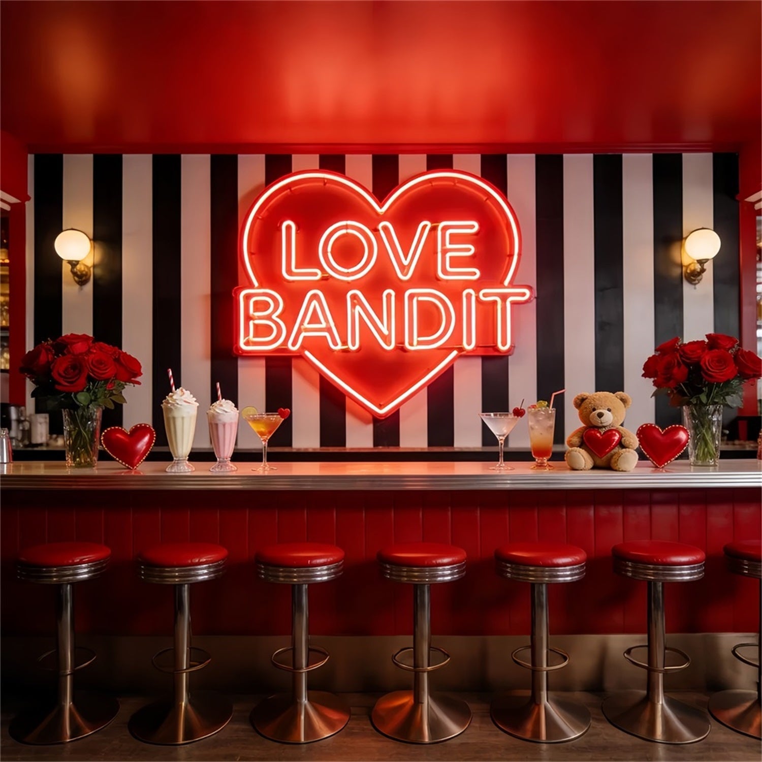 90er-Jahre-Valentinstag-Hintergrund Neon Love Diner Bar Herz-Hintergrund LXX512-98