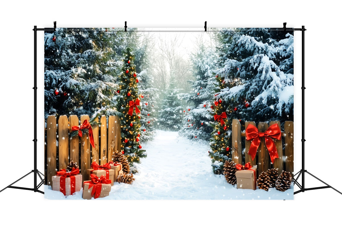 Weihnachten Wald Hintergrund verschneite Kiefern Geschenke Hintergrund LXX57-144