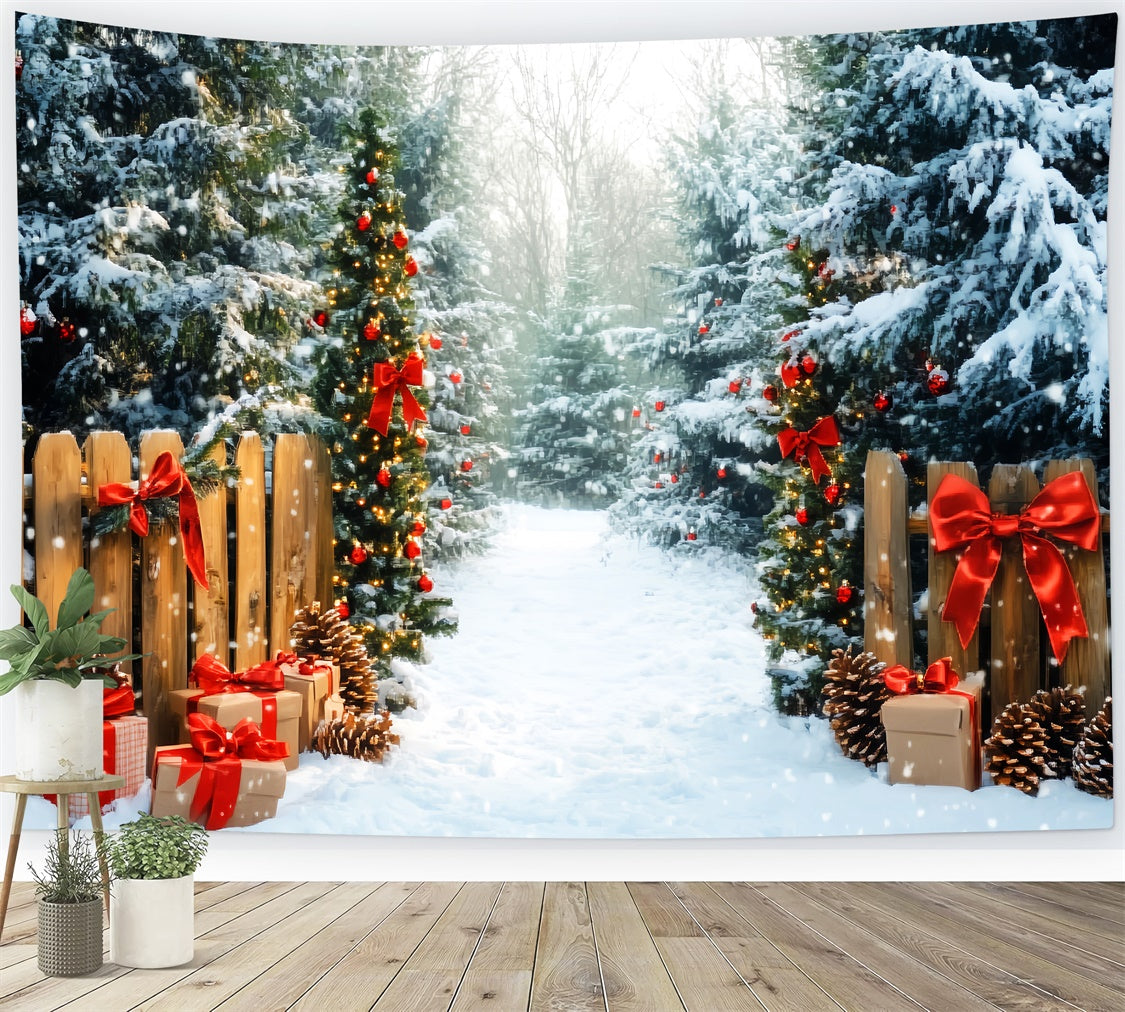 Weihnachten Wald Hintergrund verschneite Kiefern Geschenke Hintergrund LXX57-144