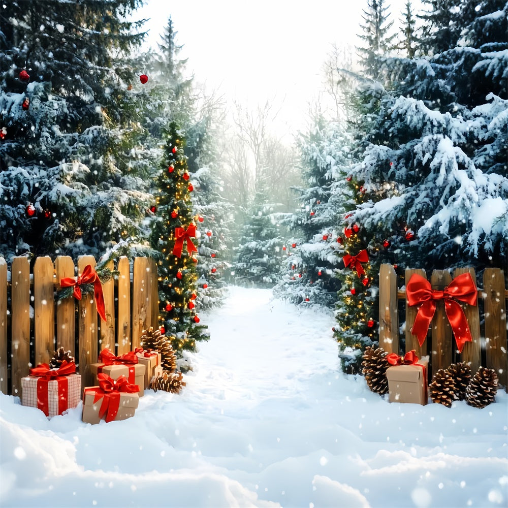 Weihnachten Wald Hintergrund verschneite Kiefern Geschenke Hintergrund LXX57-144