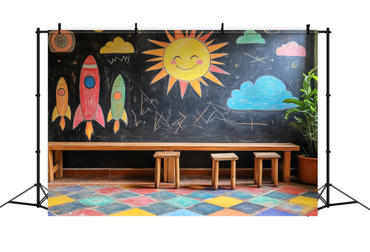 Kreidetafel Backdrop Buntstift Himmel Rakete Spaß Backdrop LXX57-20