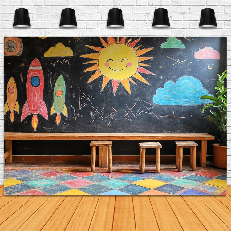 Kreidetafel Backdrop Buntstift Himmel Rakete Spaß Backdrop LXX57-20