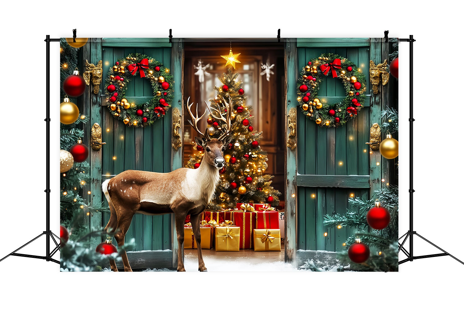 Weihnachtsbaum Bauernhof Foto Hintergrund Grüne Tür Rentier Holiday Entry Hochauflösende Weihnachten Backdrop LXX58-101