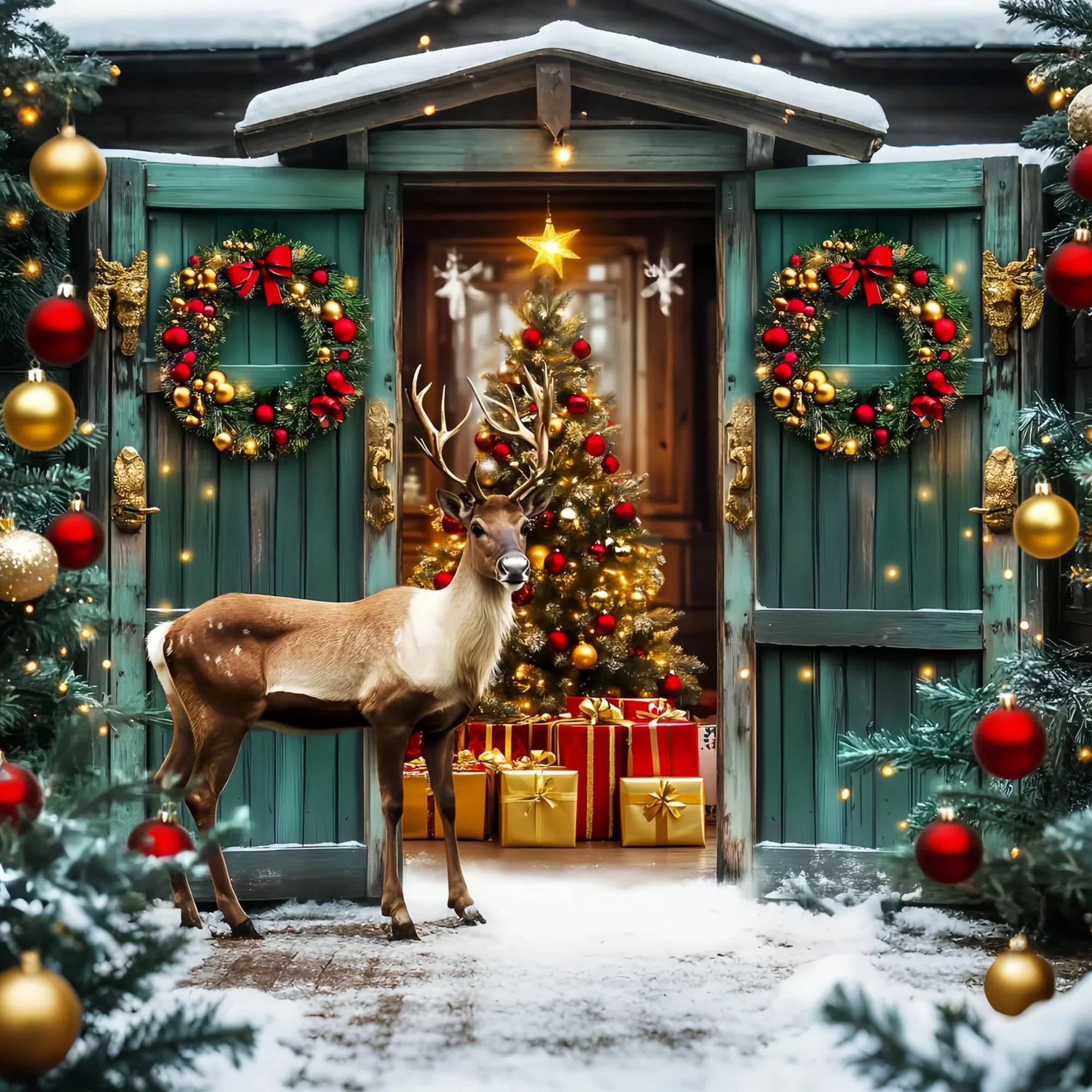 Weihnachtsbaum Bauernhof Foto Hintergrund Grüne Tür Rentier Holiday Entry Hochauflösende Weihnachten Backdrop LXX58-101