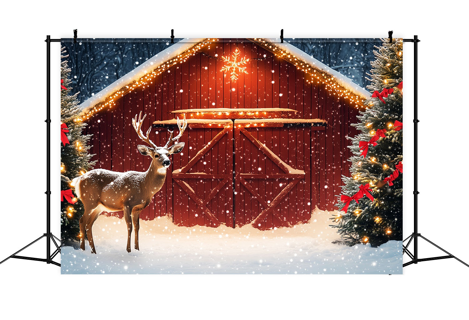 Weihnachtsbaum Bauernhof Foto Hintergrund verschneite Scheune Rentier Tannenbaum Professionelle Weihnachtshintergründe LXX58-102