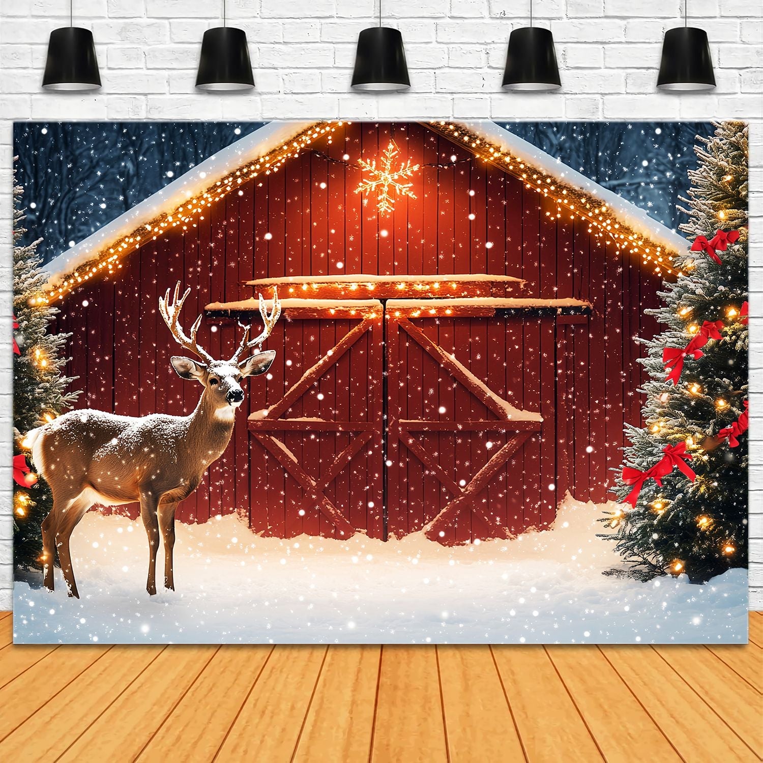 Weihnachtsbaum Bauernhof Foto Hintergrund verschneite Scheune Rentier Tannenbaum Professionelle Weihnachtshintergründe LXX58-102