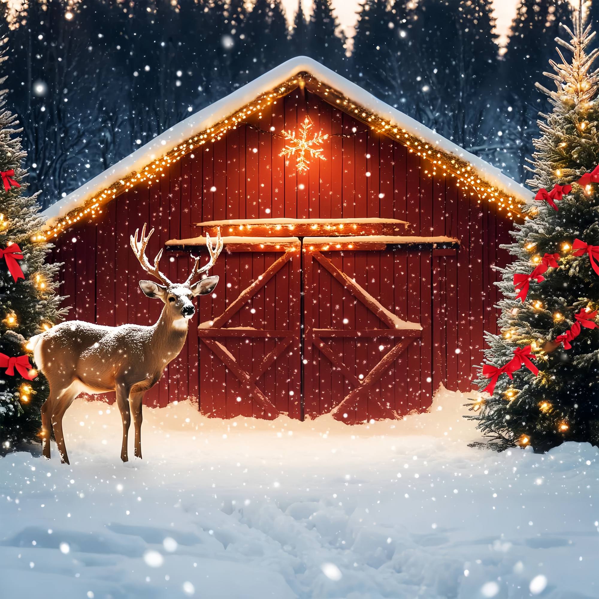 Weihnachtsbaum Bauernhof Foto Hintergrund verschneite Scheune Rentier Tannenbaum Professionelle Weihnachtshintergründe LXX58-102