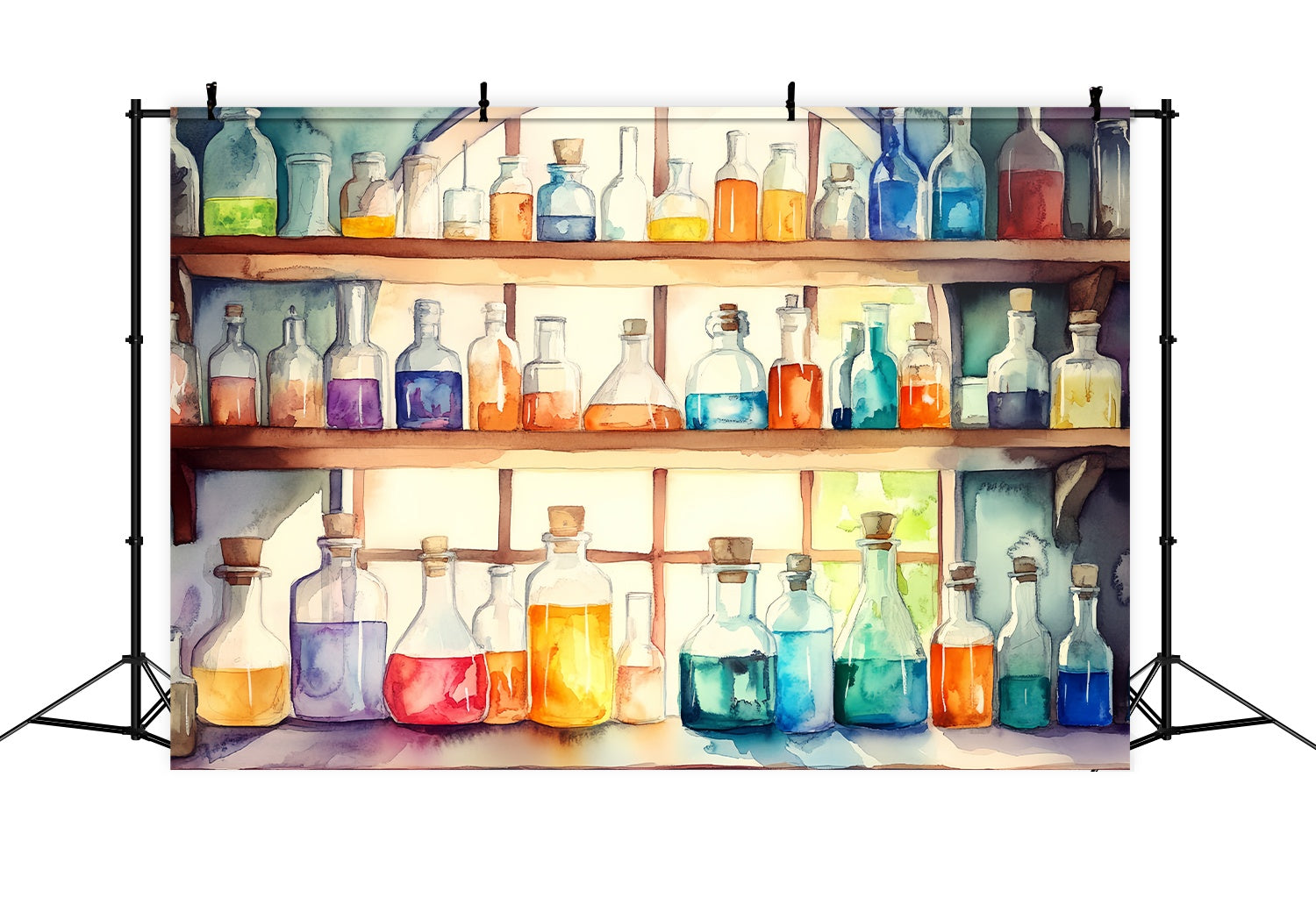 Chemie Fotohintergrund Aquarell Zaubertrank Flaschen Holzregale Schule Bild Fotohintergrund LXX58-104