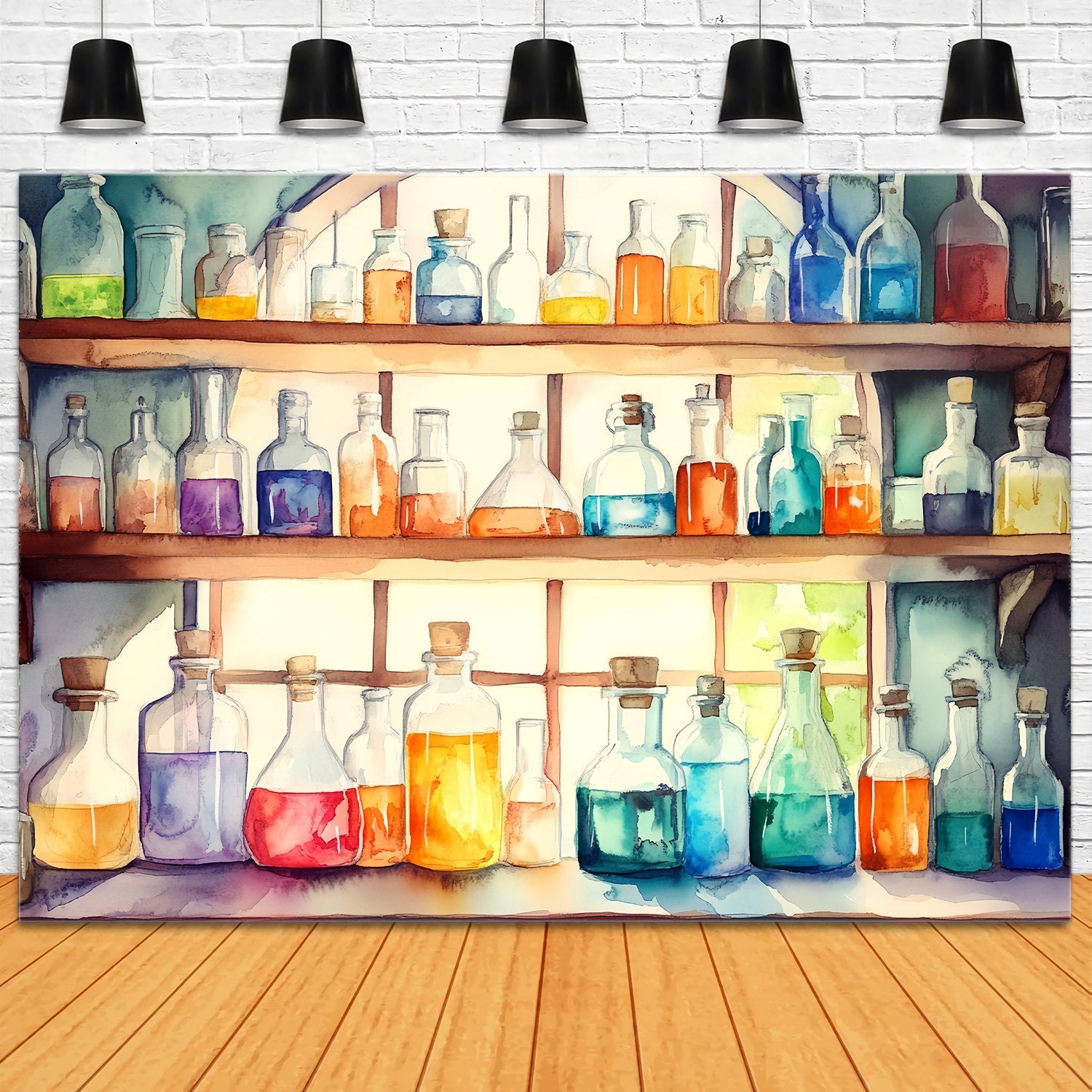 Chemie Fotohintergrund Aquarell Zaubertrank Flaschen Holzregale Schule Bild Fotohintergrund LXX58-104