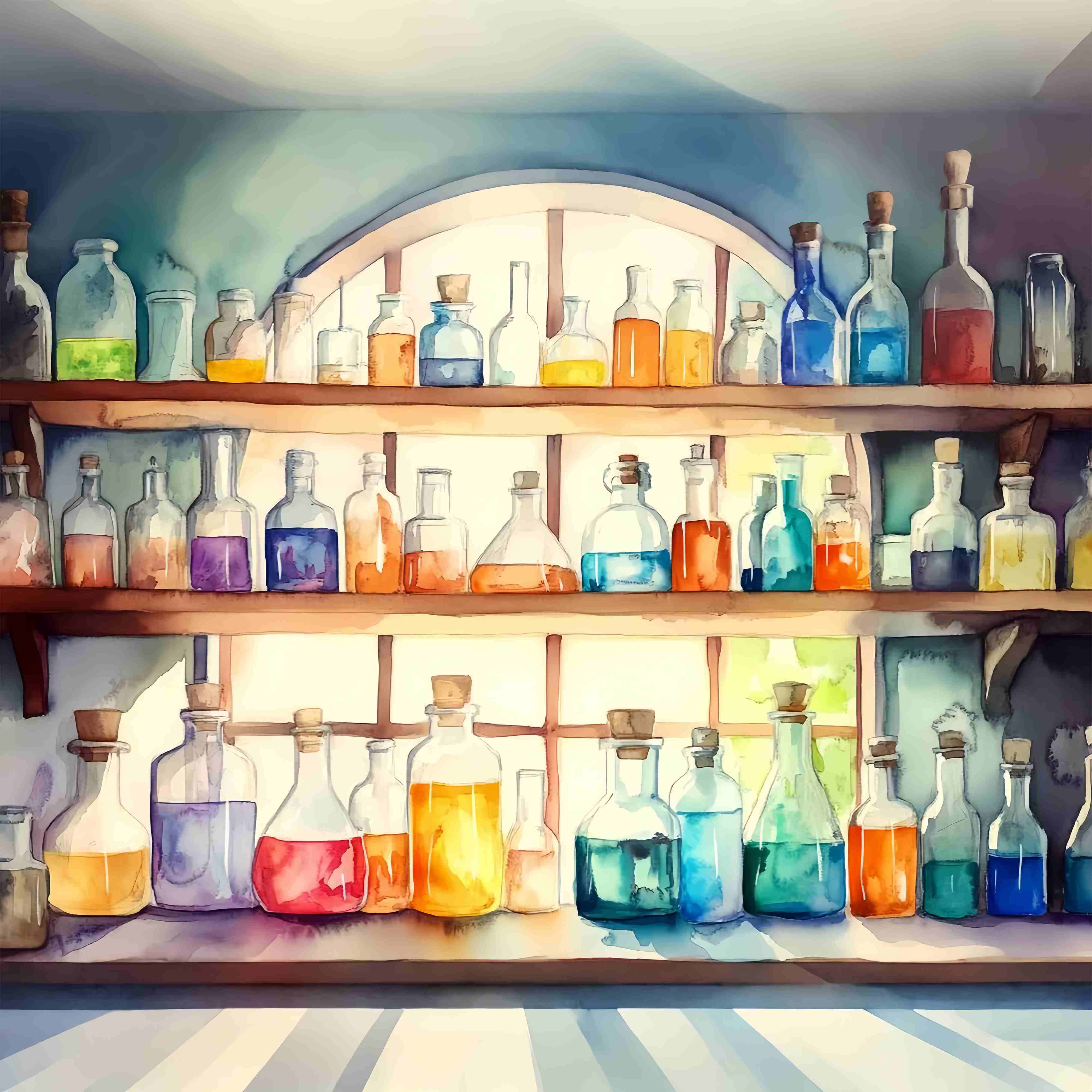 Chemie Fotohintergrund Aquarell Zaubertrank Flaschen Holzregale Schule Bild Fotohintergrund LXX58-104
